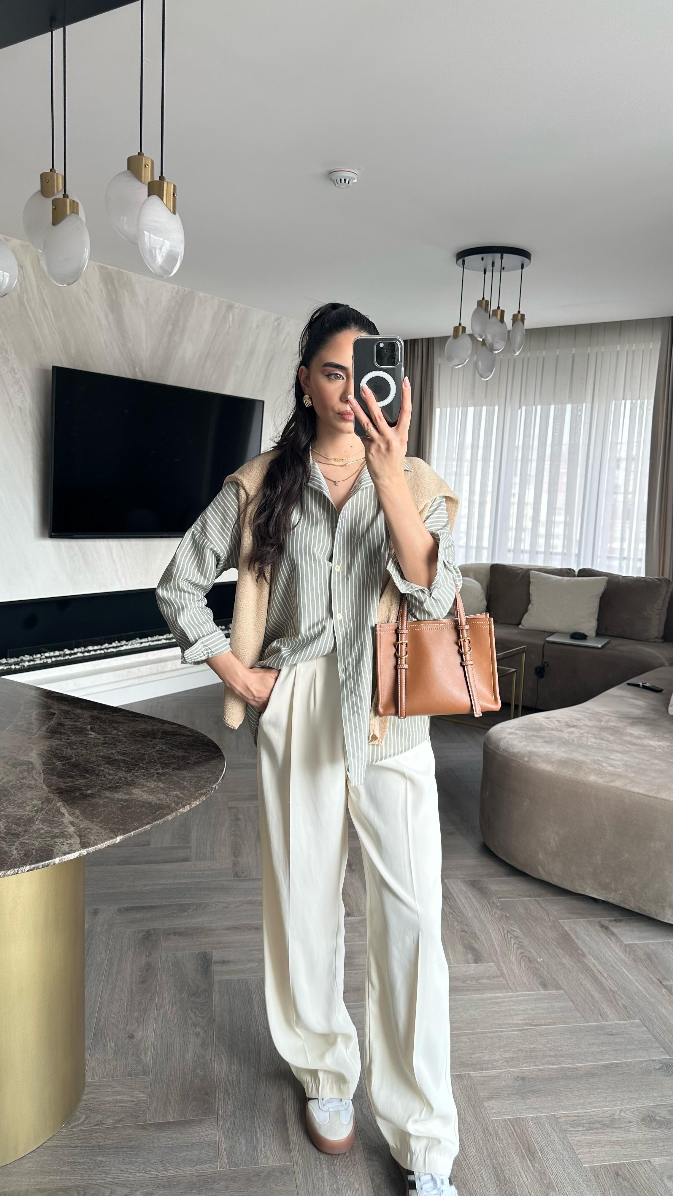 Çizgili Oversize Gömlek Yeşil 