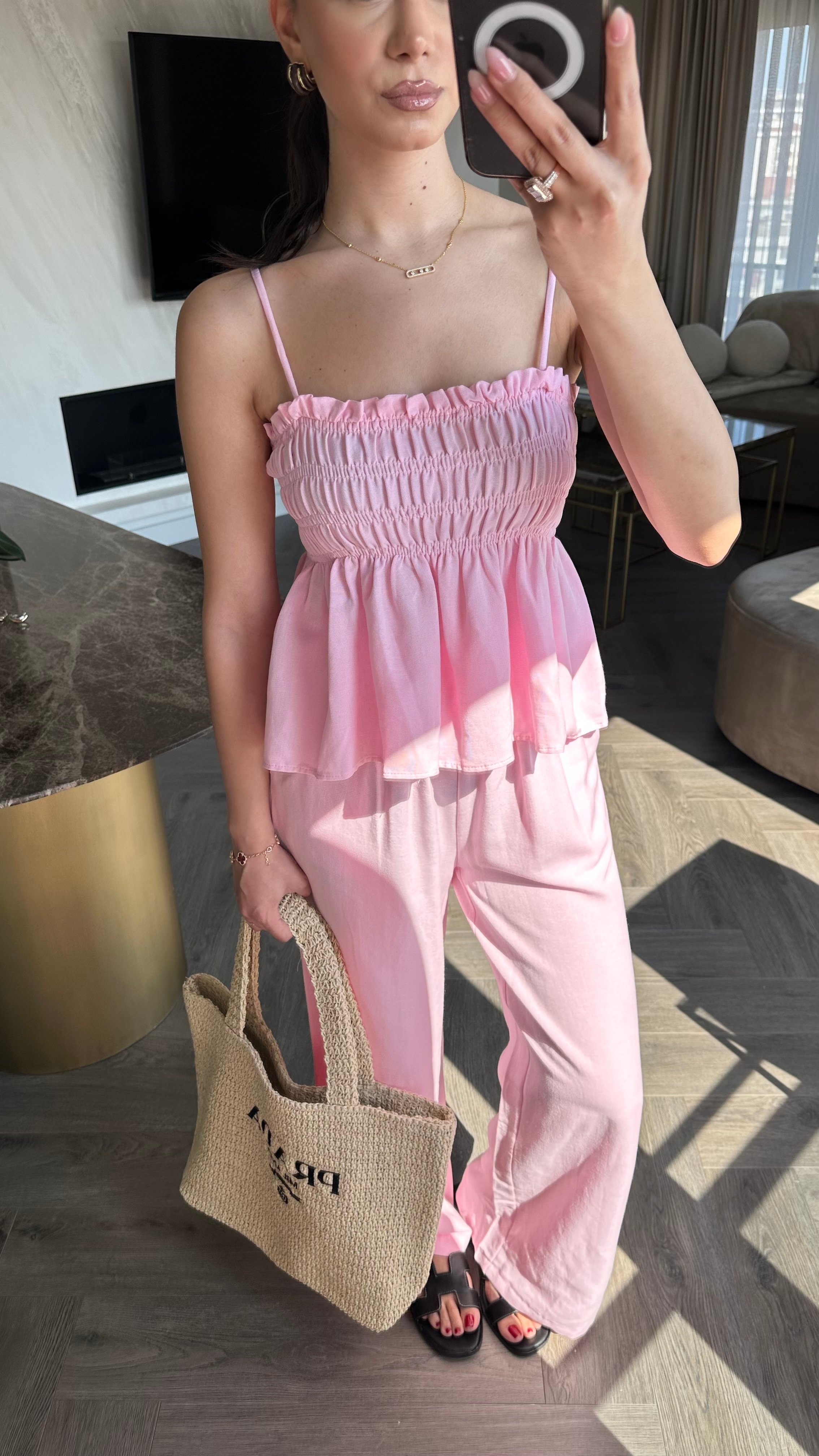 Keten Kumaş Büzgülü İp Askılı Takım Pembe