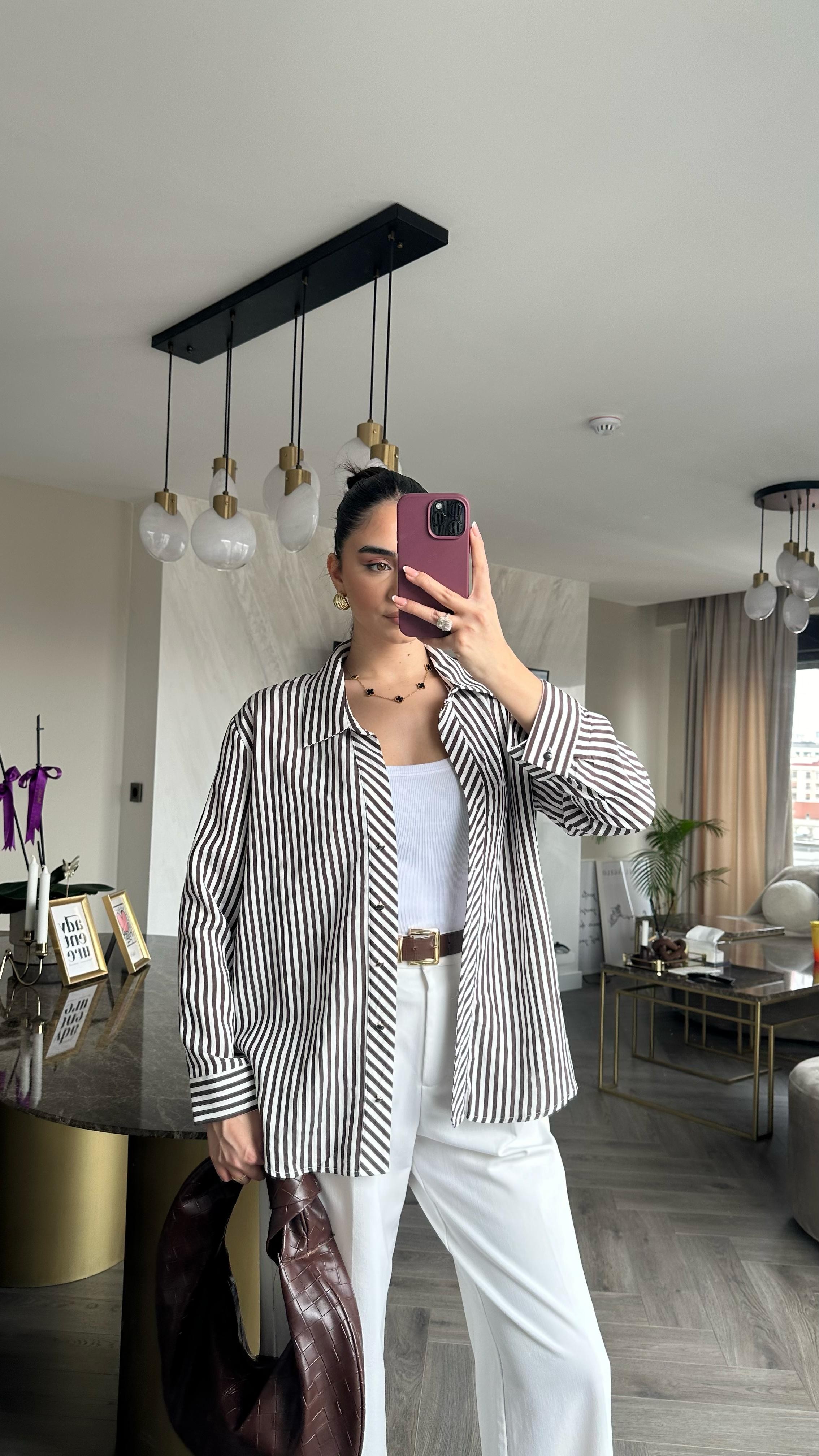 Çizgili Oversize Gömlek Kahve 