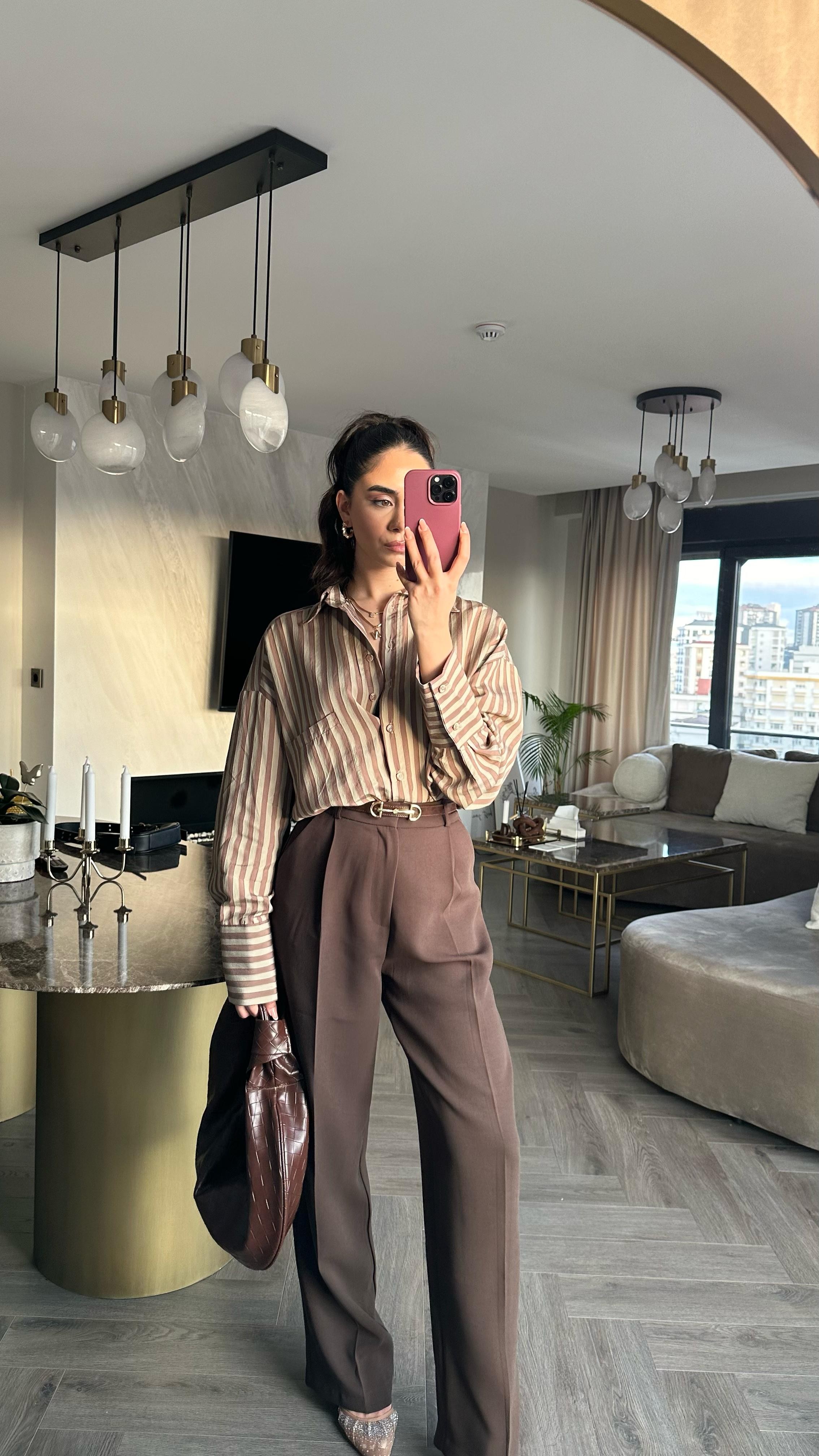 Çizgili İki Renk Oversize Gömlek 