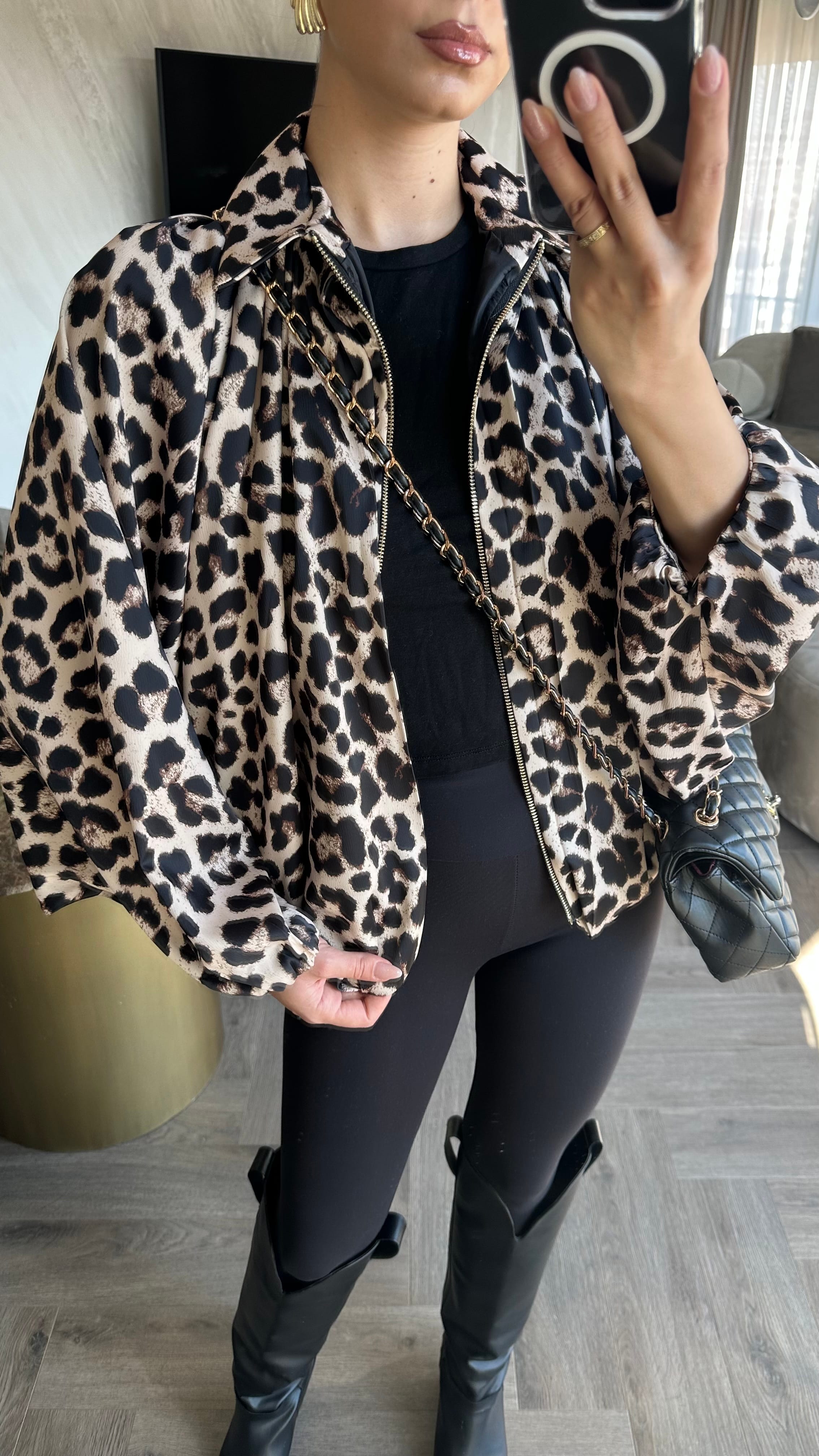 Saten Bomber Ceket Leopar
