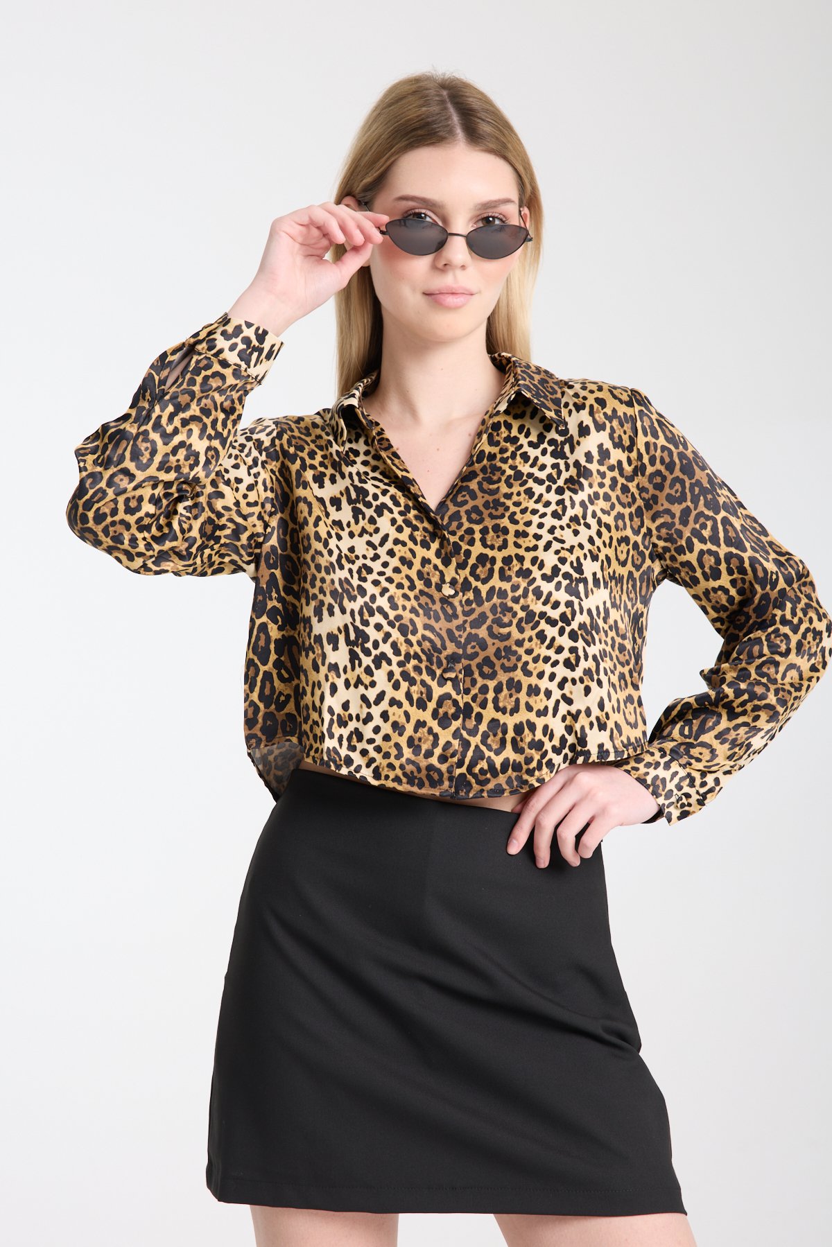 Leopar desenli saten gömlek