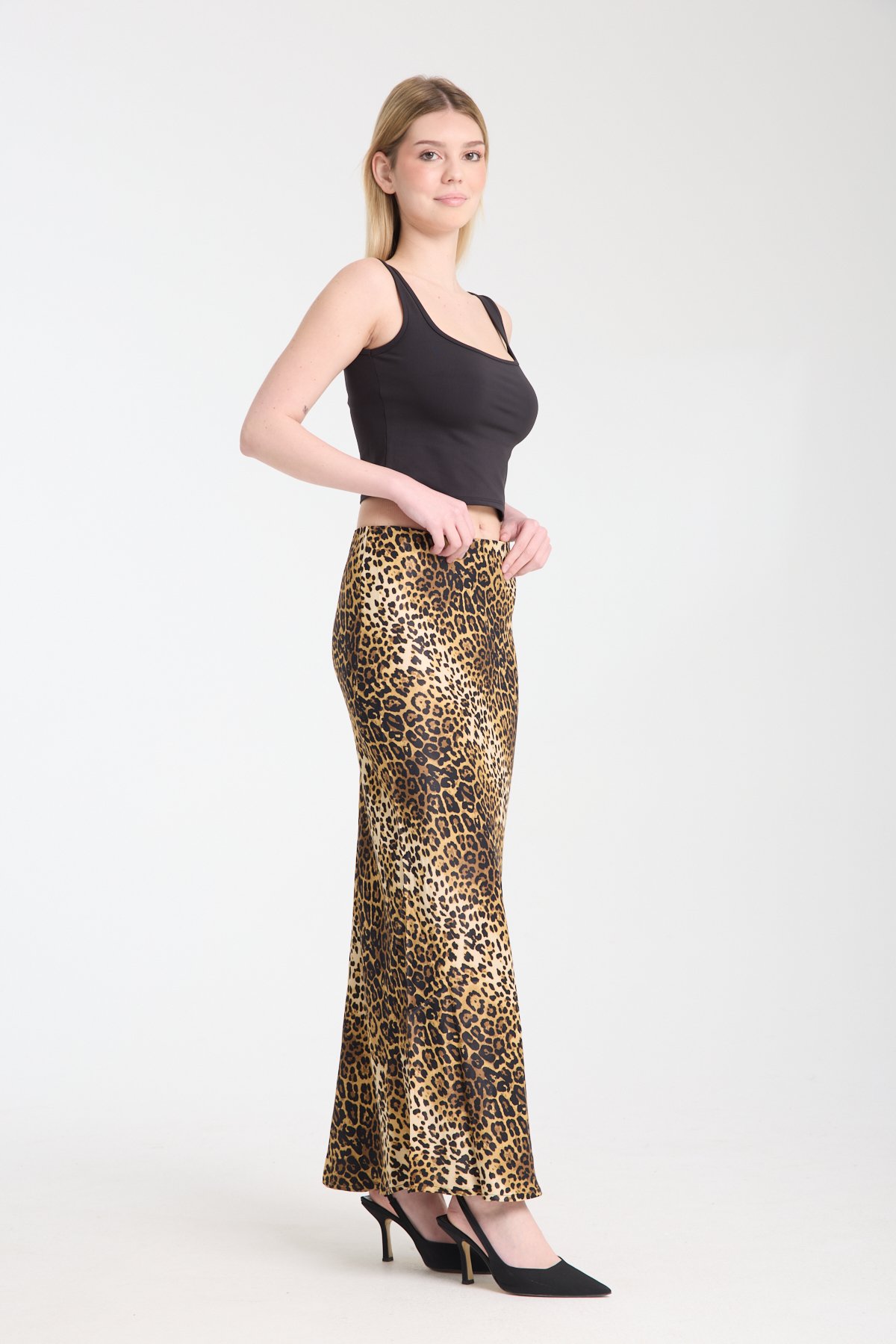 Leopar desenli saten etek
