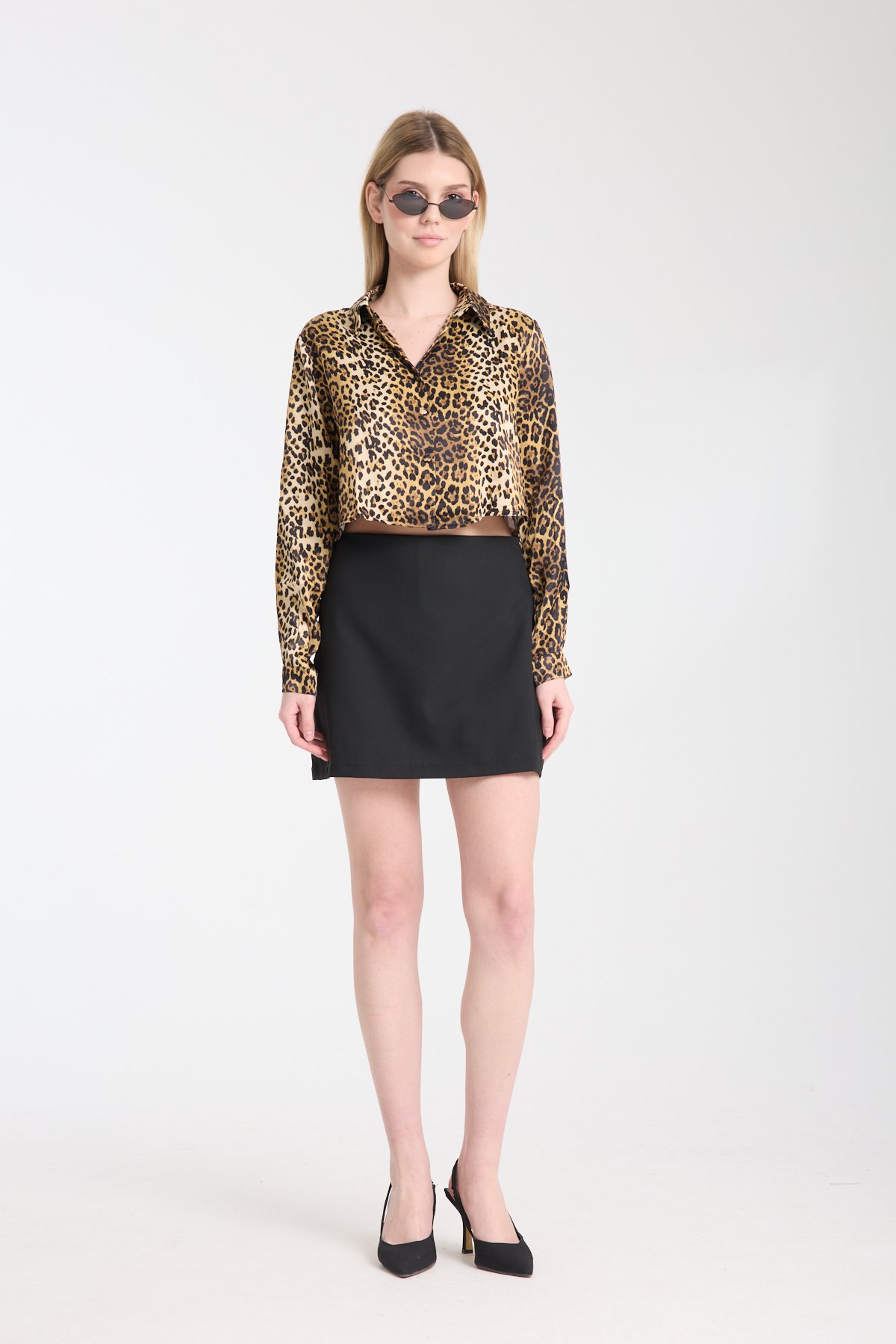 Leopar desenli saten gömlek