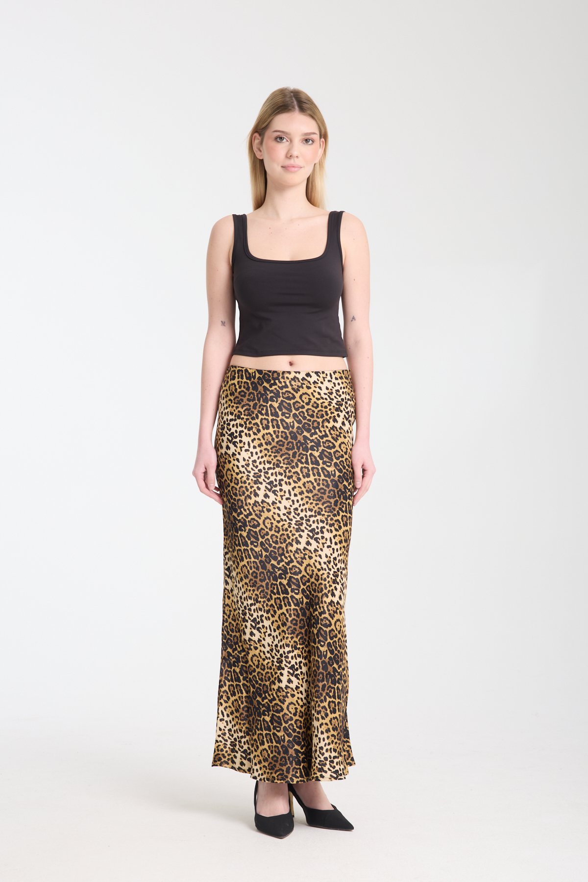 Leopar desenli saten etek