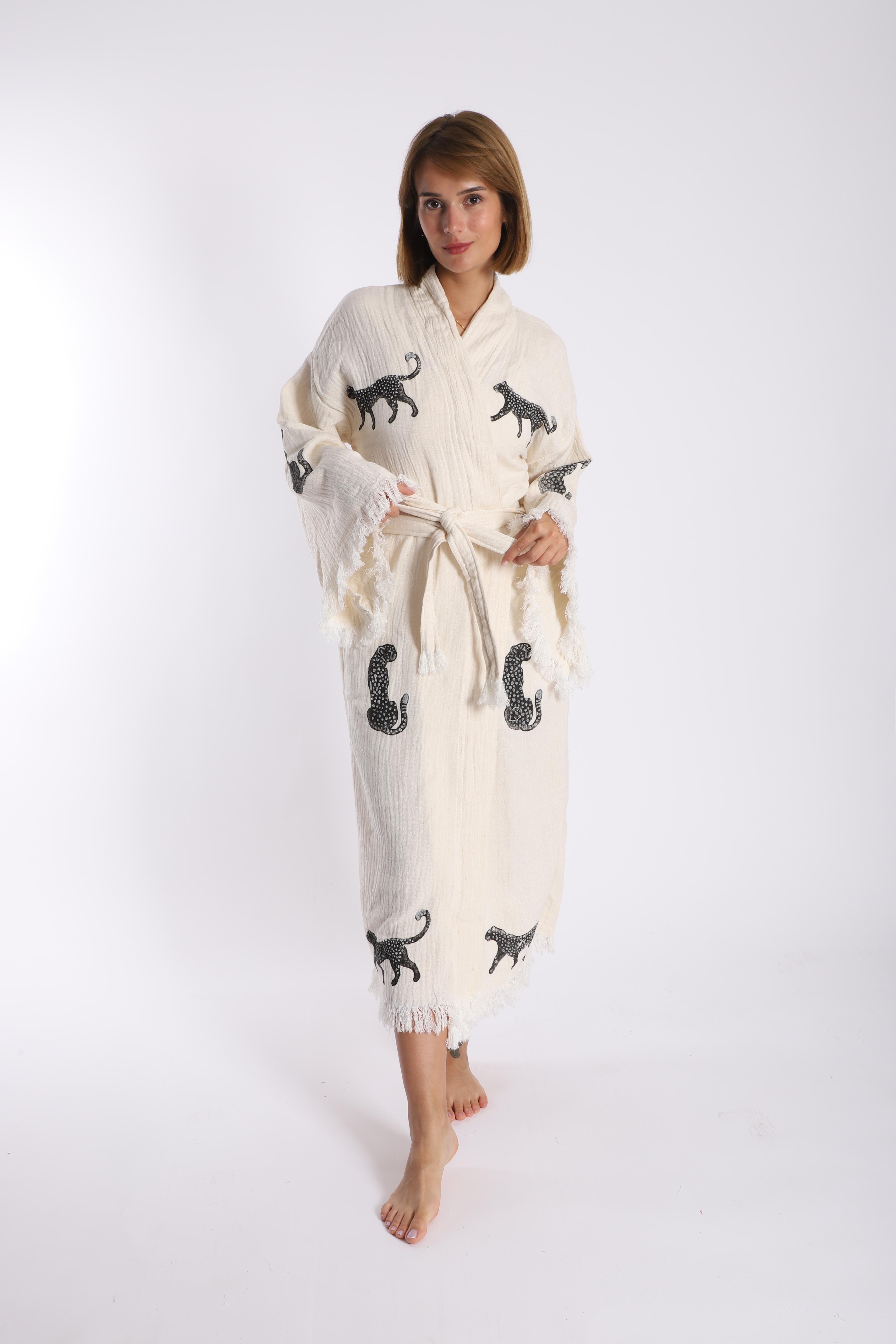 Leopar Desenli Müslin Kumaş Kaftan (el baskılı)