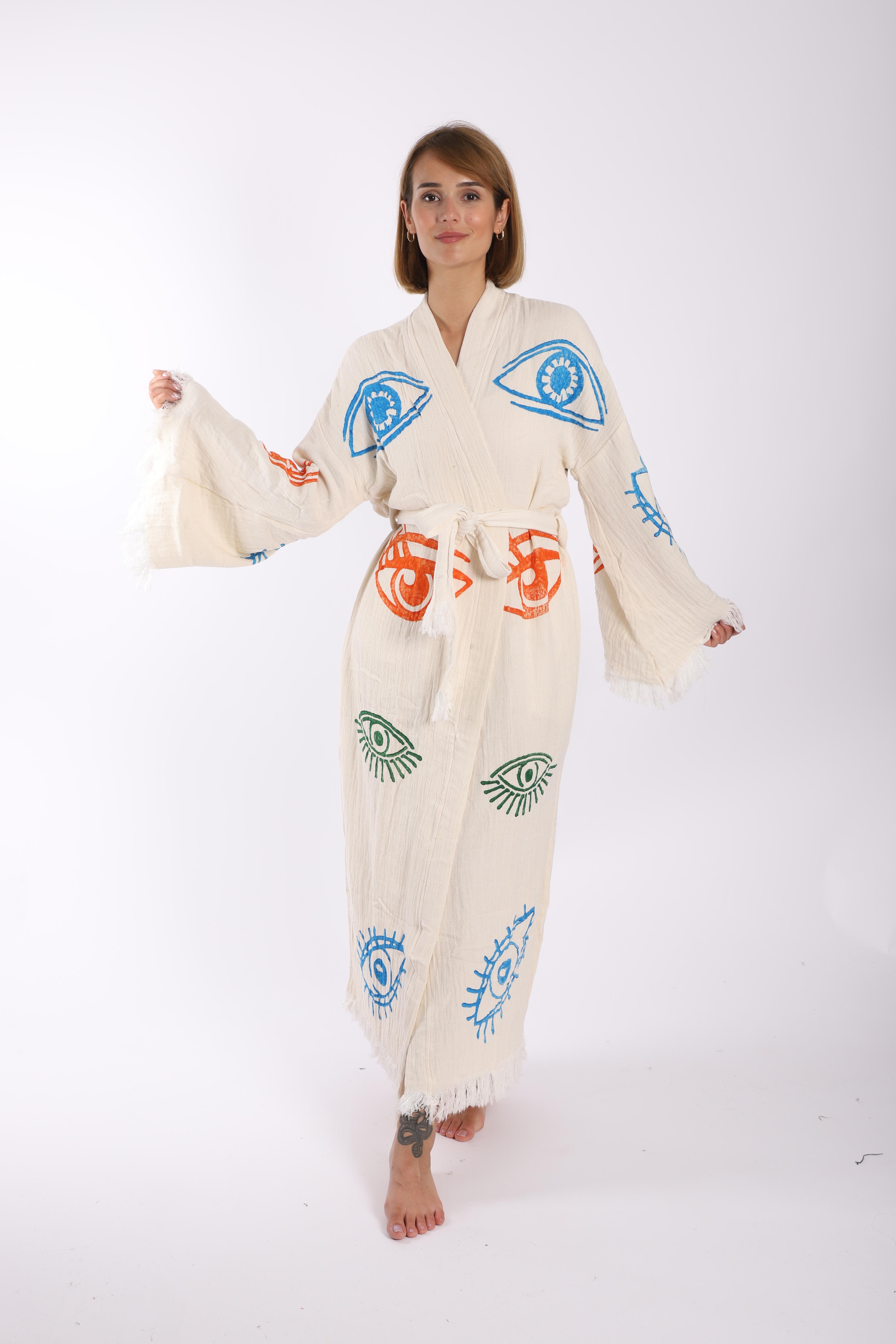 Renkli Göz Baskılı Müslin Kumaş Kaftan (el baskısı)