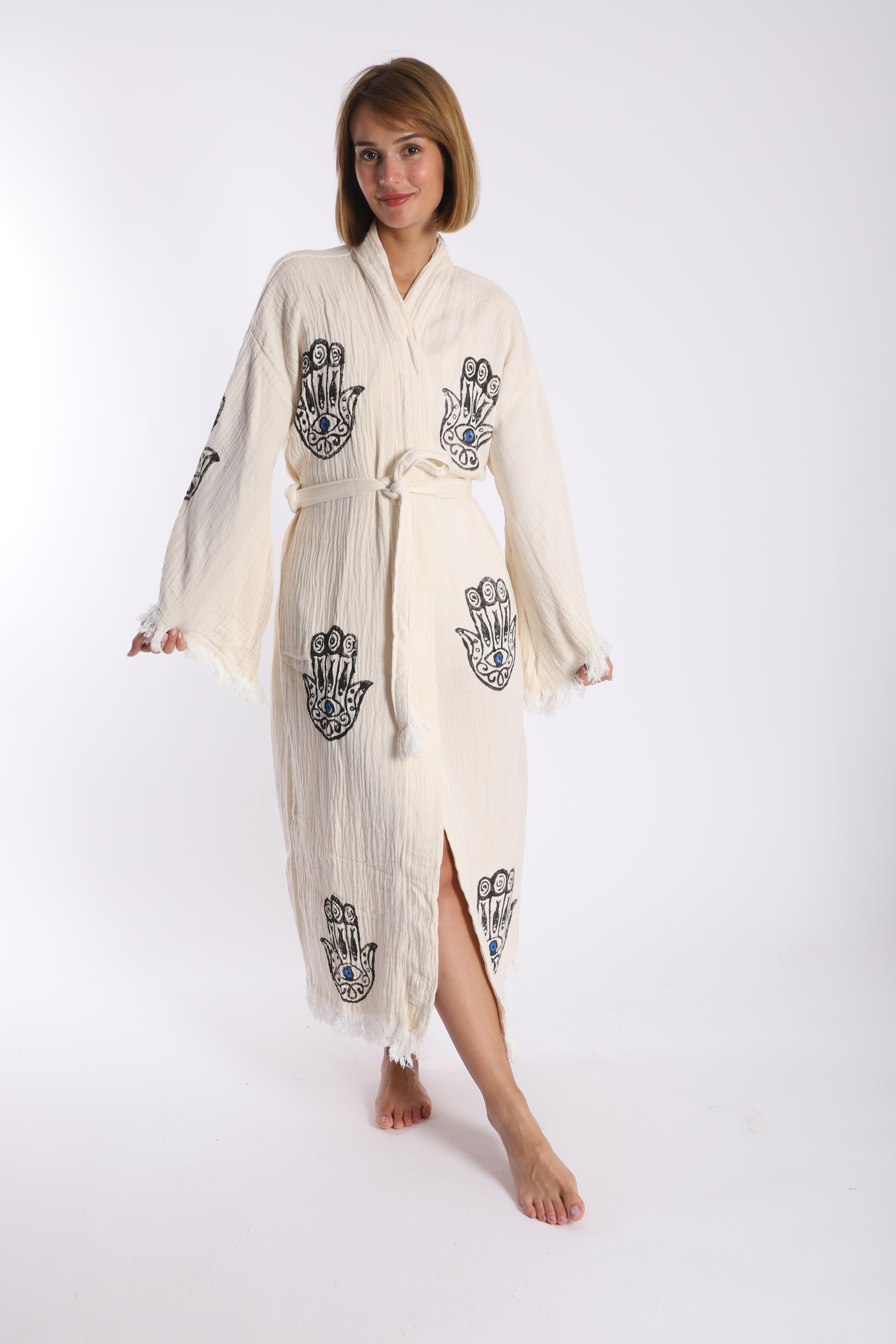 Hamsa Baskılı Müslin Kumaş Kaftan (el baskılı)