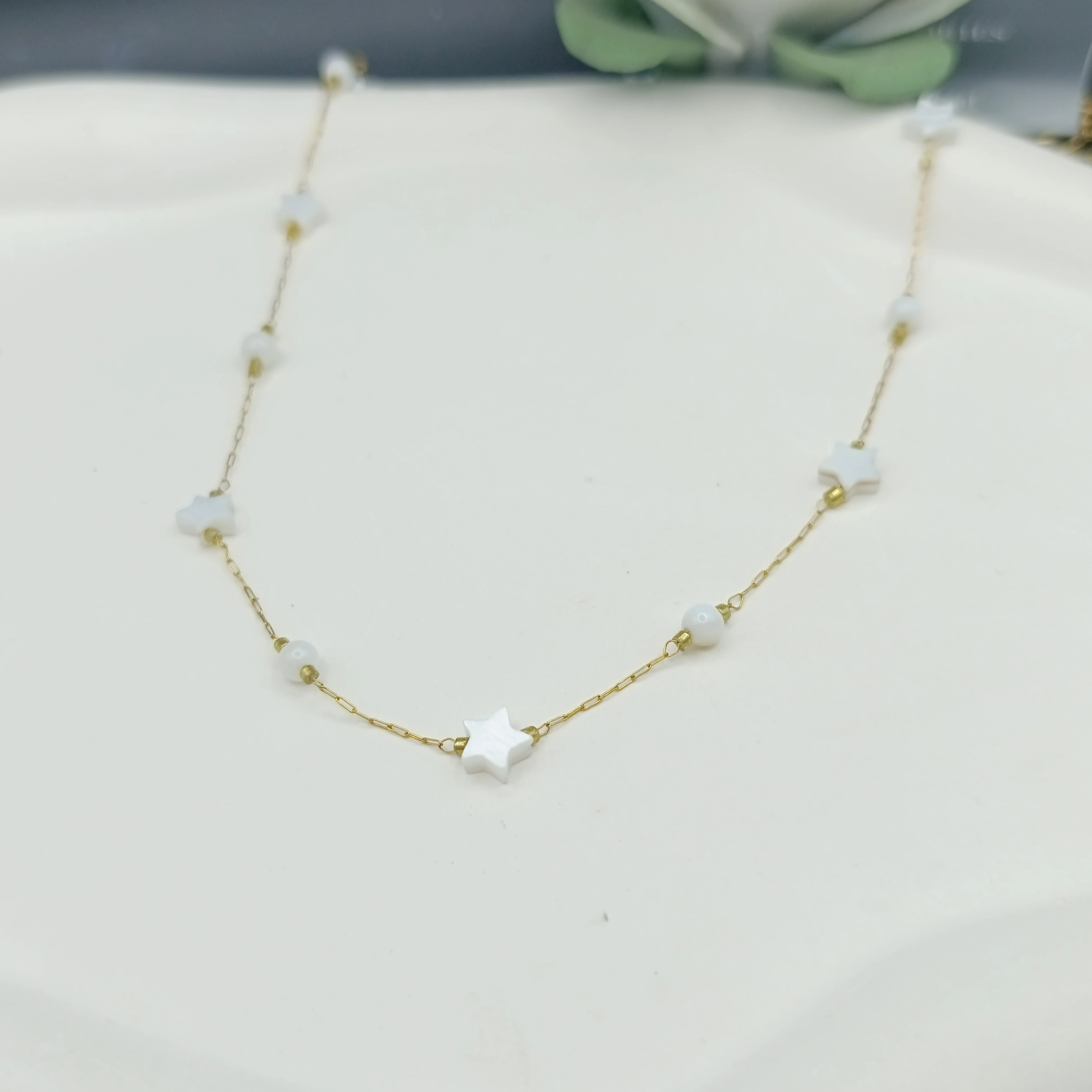 Çelik Kolye Sıralı Krem Renk Yıldız Detaylı İnce Zincir Gold Renk