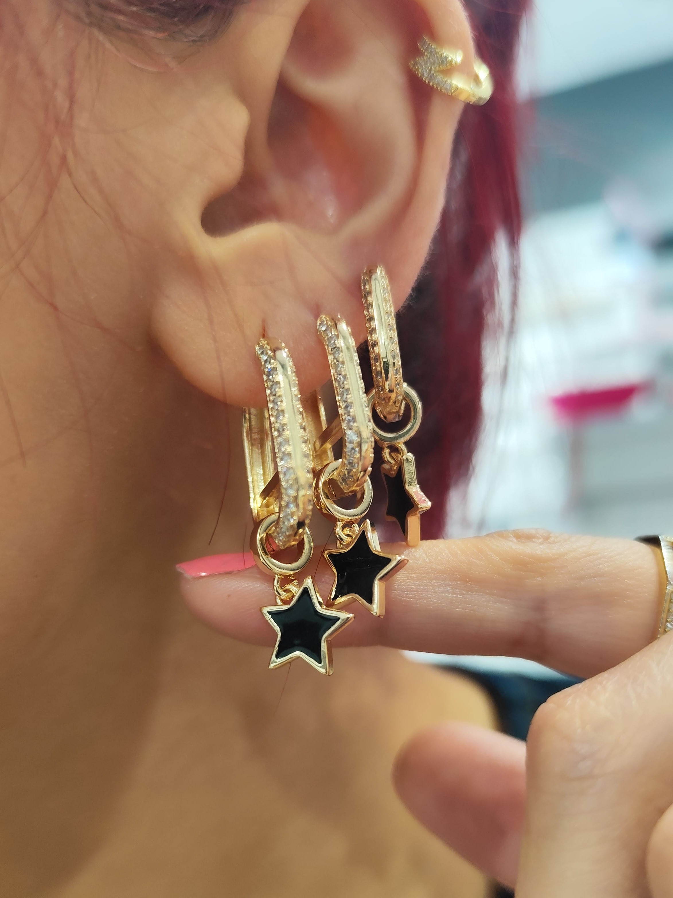 VIP Seri Üçlü Küpe Sıvama Zirkon Taşlı Oval Dörtgen Ucu Siyah Yıldız Detaylı Rosegold Renk