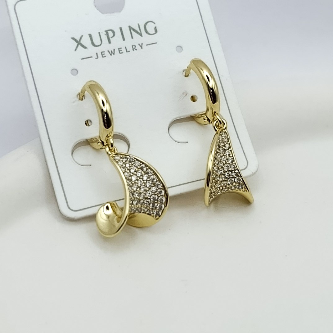 Xuping Küpe Halka Ucu Kıvrımlı Su Dalgası Model Sıvama Zirkon Taşlı 14k Gold Renk