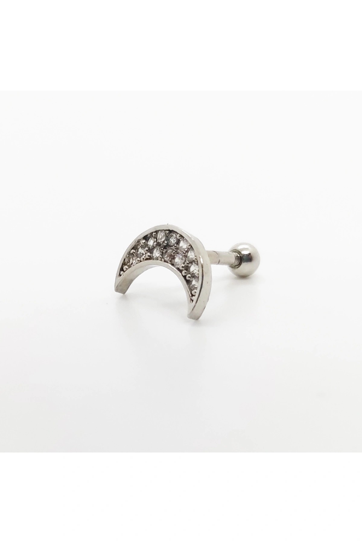Çelik Tragus Küpe Taşlı Hilal Detaylı Gümüş Renk