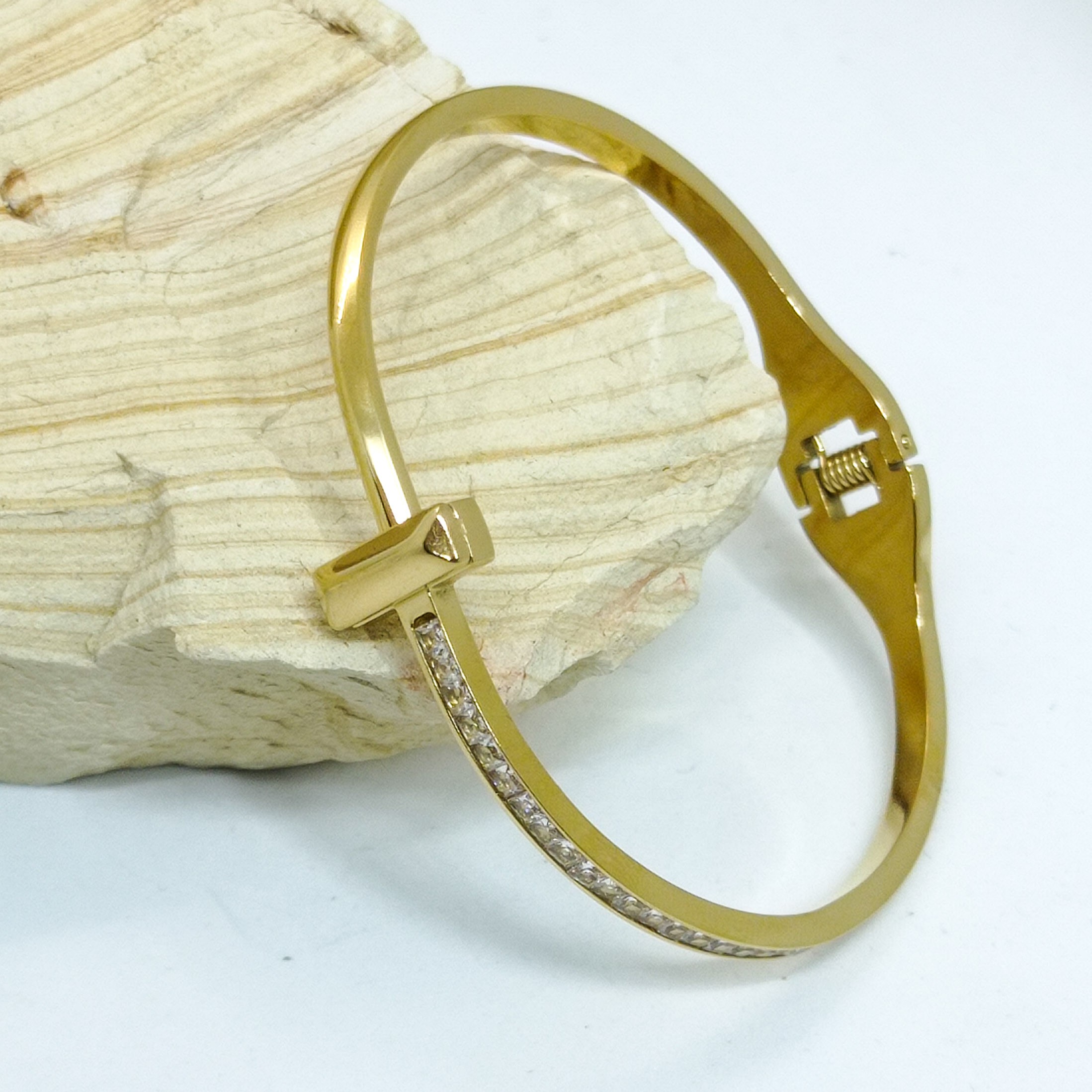 Çelik Kelepçe Bileklik Zirkon Taşlı TT Model Gold Renk Bileklik