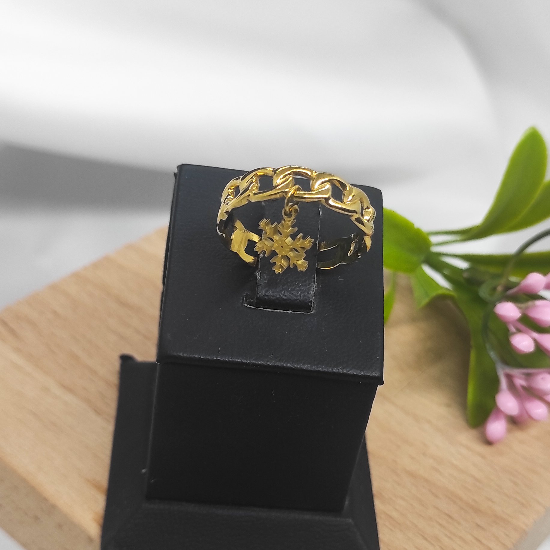 Çelik Yüzük Samanyolu Zincir Model Kar Tanesi Sallantılı Ayarlanabilir Gold Renk