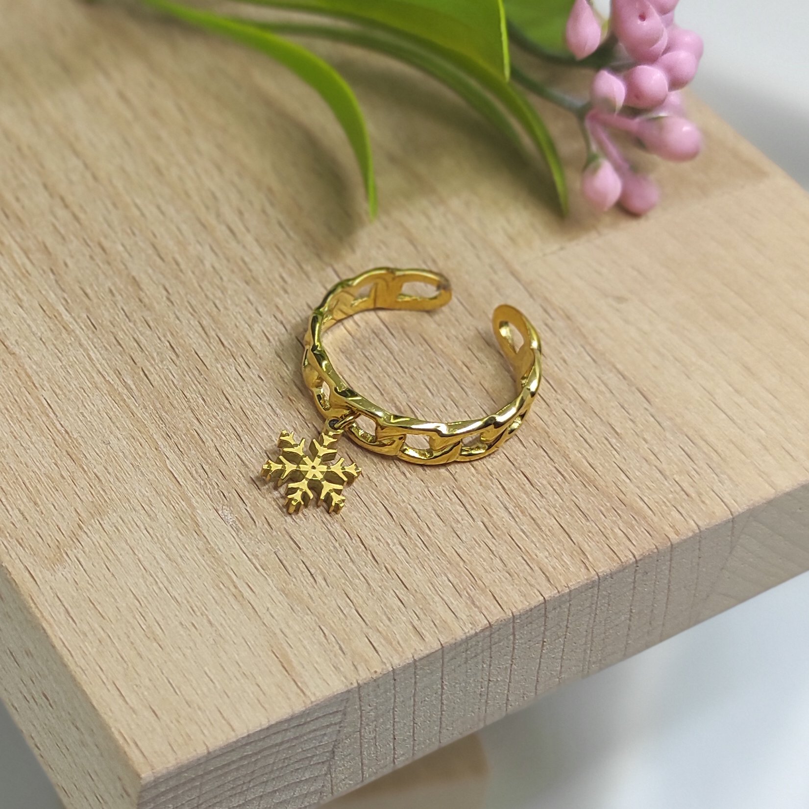 Çelik Yüzük Samanyolu Zincir Model Kar Tanesi Sallantılı Ayarlanabilir Gold Renk