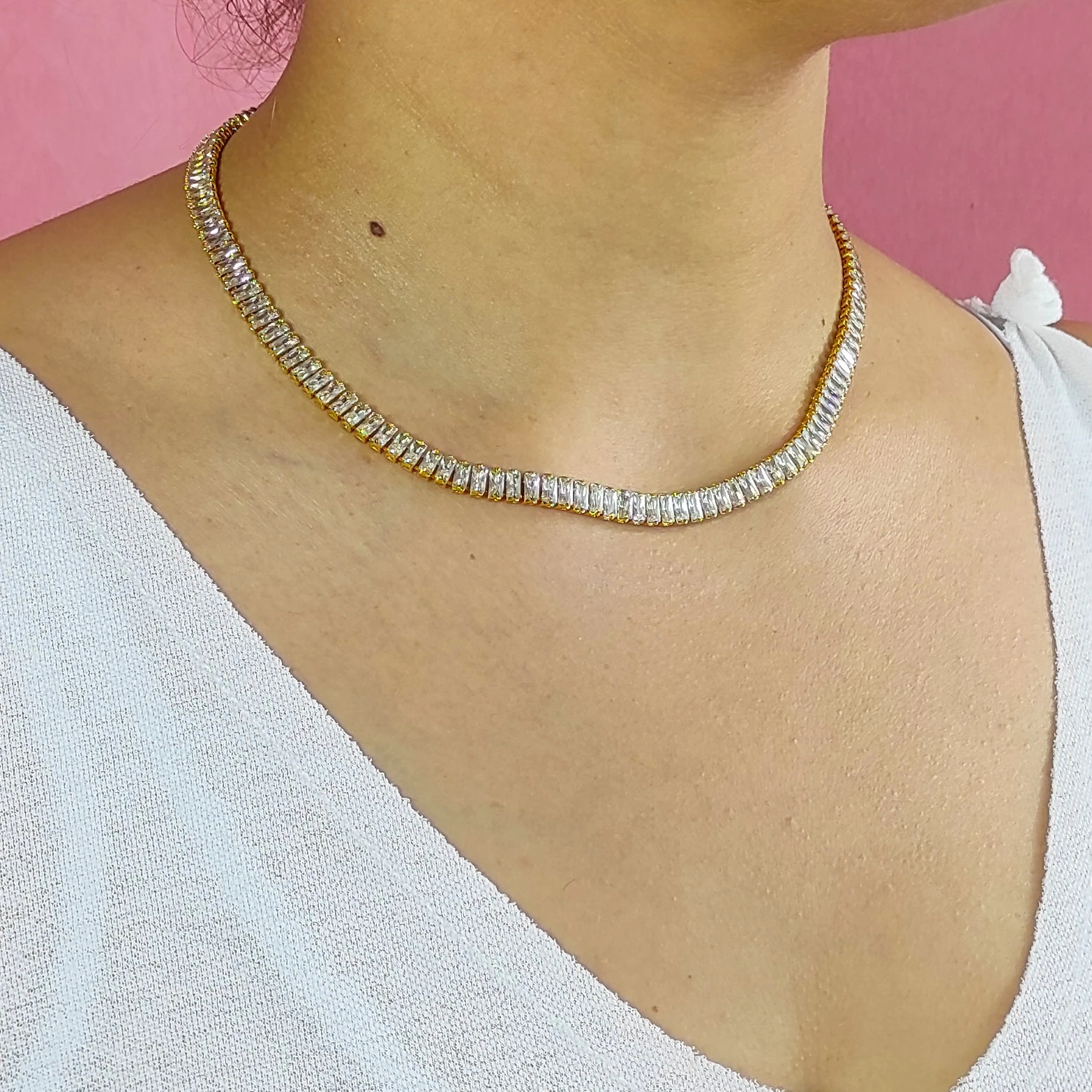 Çelik Kolye Suyolu Dikdörtgen Zirkon Taşlı 5mm 40 cm Gold Renk