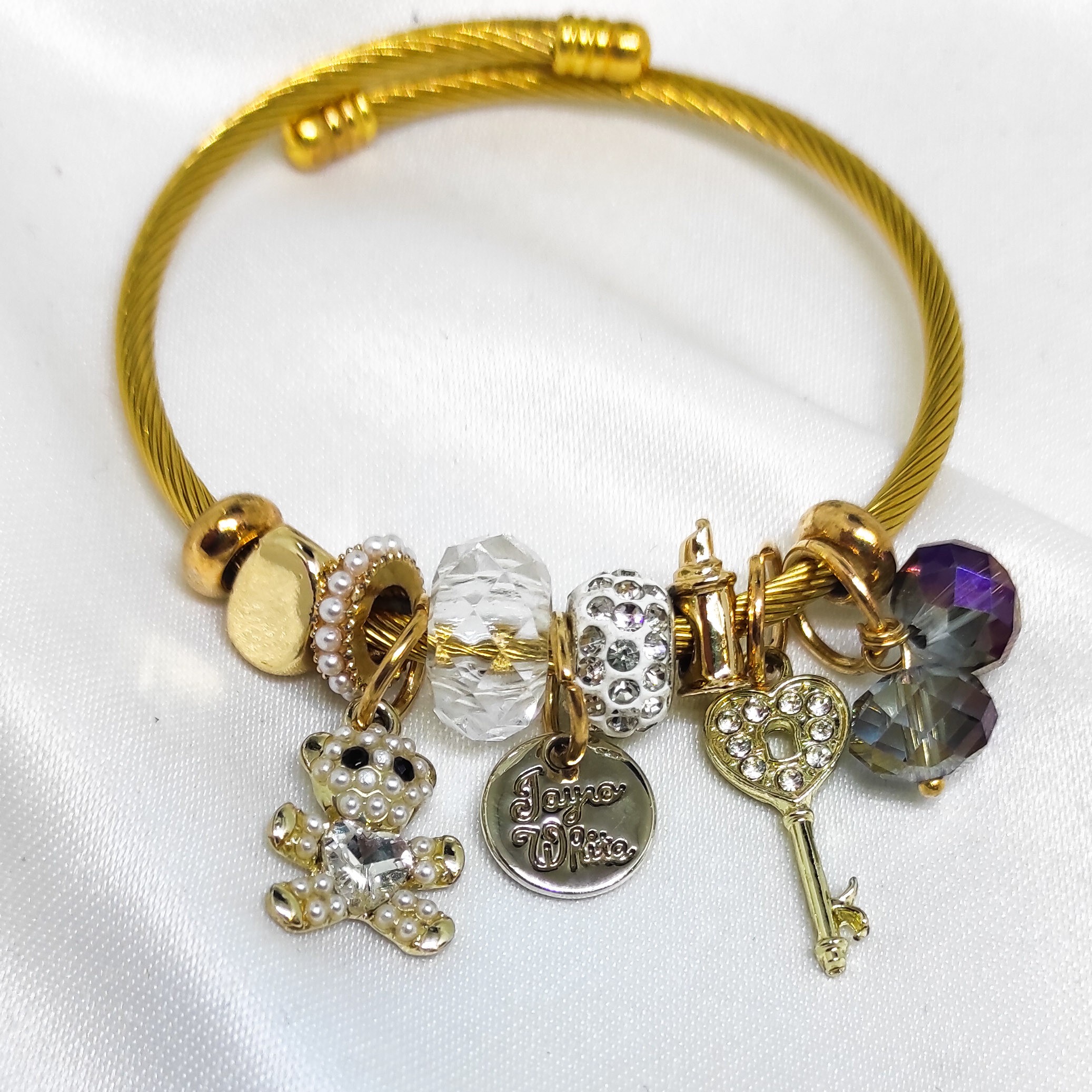 Çelik Bileklik Pandora Model Ayıcık, Anahtar Künye İncili ve Taşlı Gold Renk