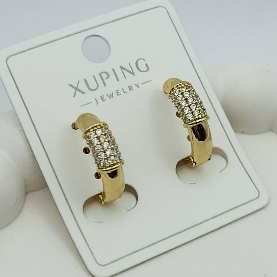 Xuping Küpe Altın Çizgiler Halka Model Zirkon Taşlı Şık Tasarım 14k Gold Renk