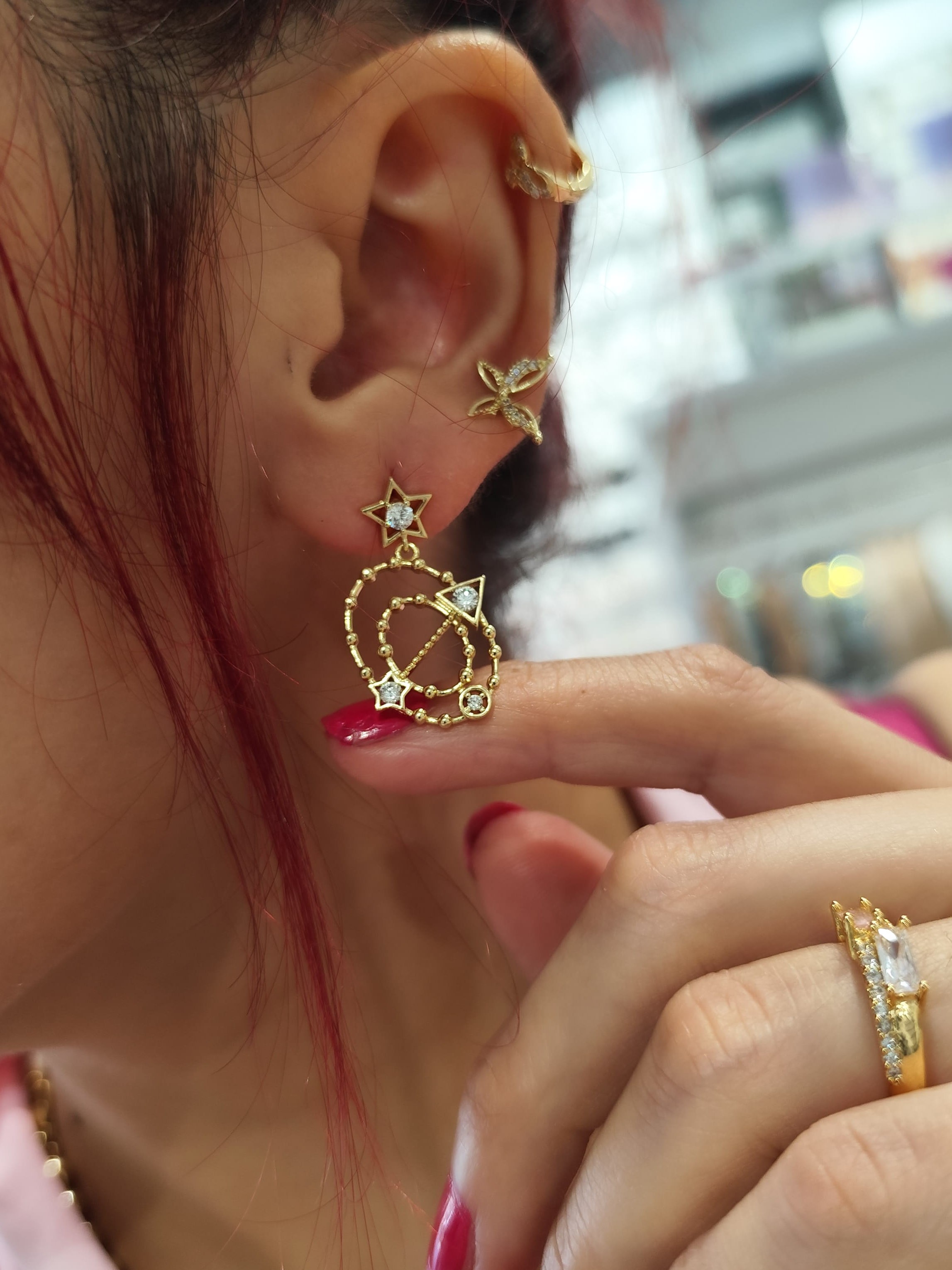 Xuping Küpe Şans Küpesi Zirkon Taşlı Yıldız Yuvarlak Üçgen Galaksi Yörüngesinde 14K Gold Renk