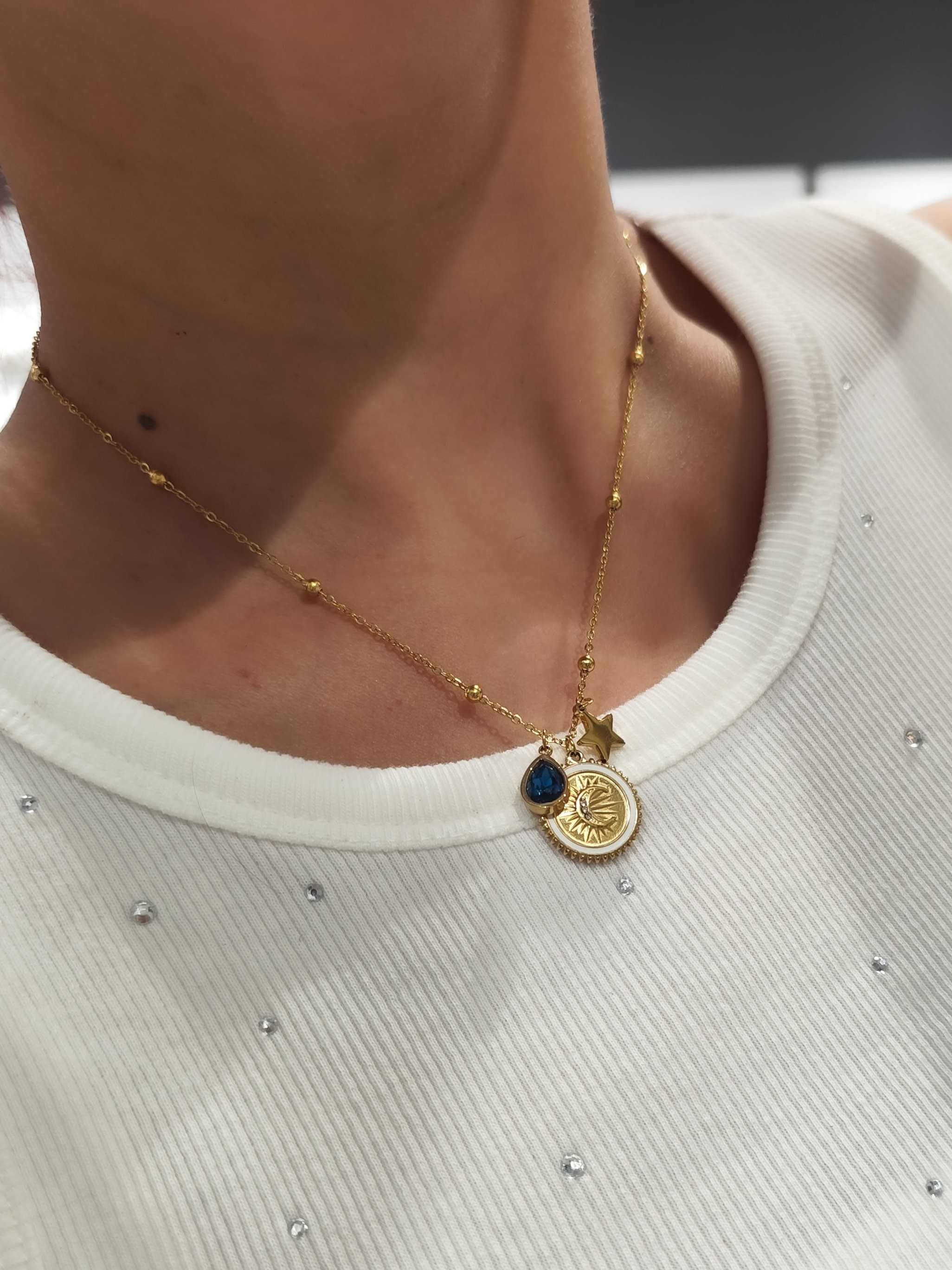 Çelik Kolye Hilal Üzeri Güneş Yıldız ve Mavi Nazar Taşı Detaylı Dorika Zincir Gold Renk