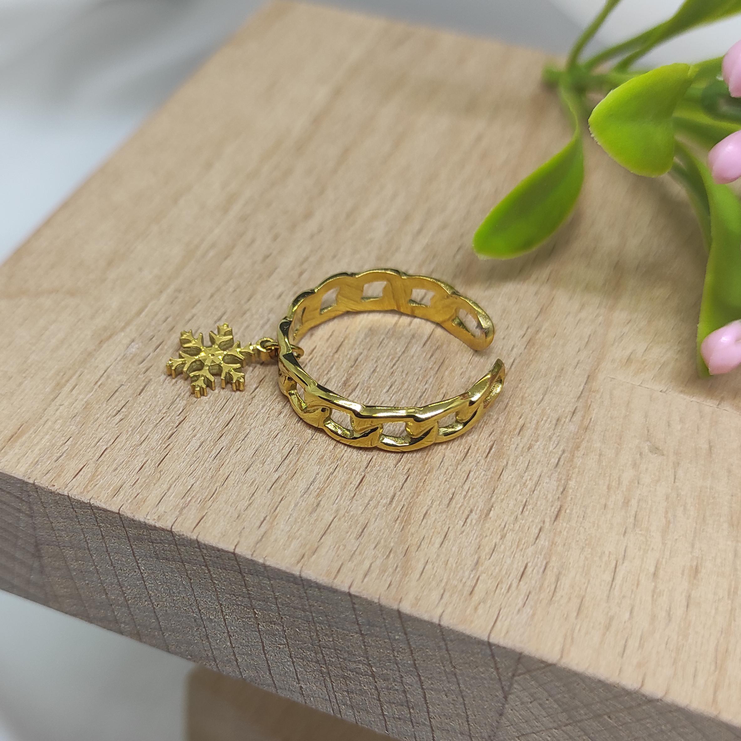 Çelik Yüzük Samanyolu Zincir Model Kar Tanesi Sallantılı Ayarlanabilir Gold Renk