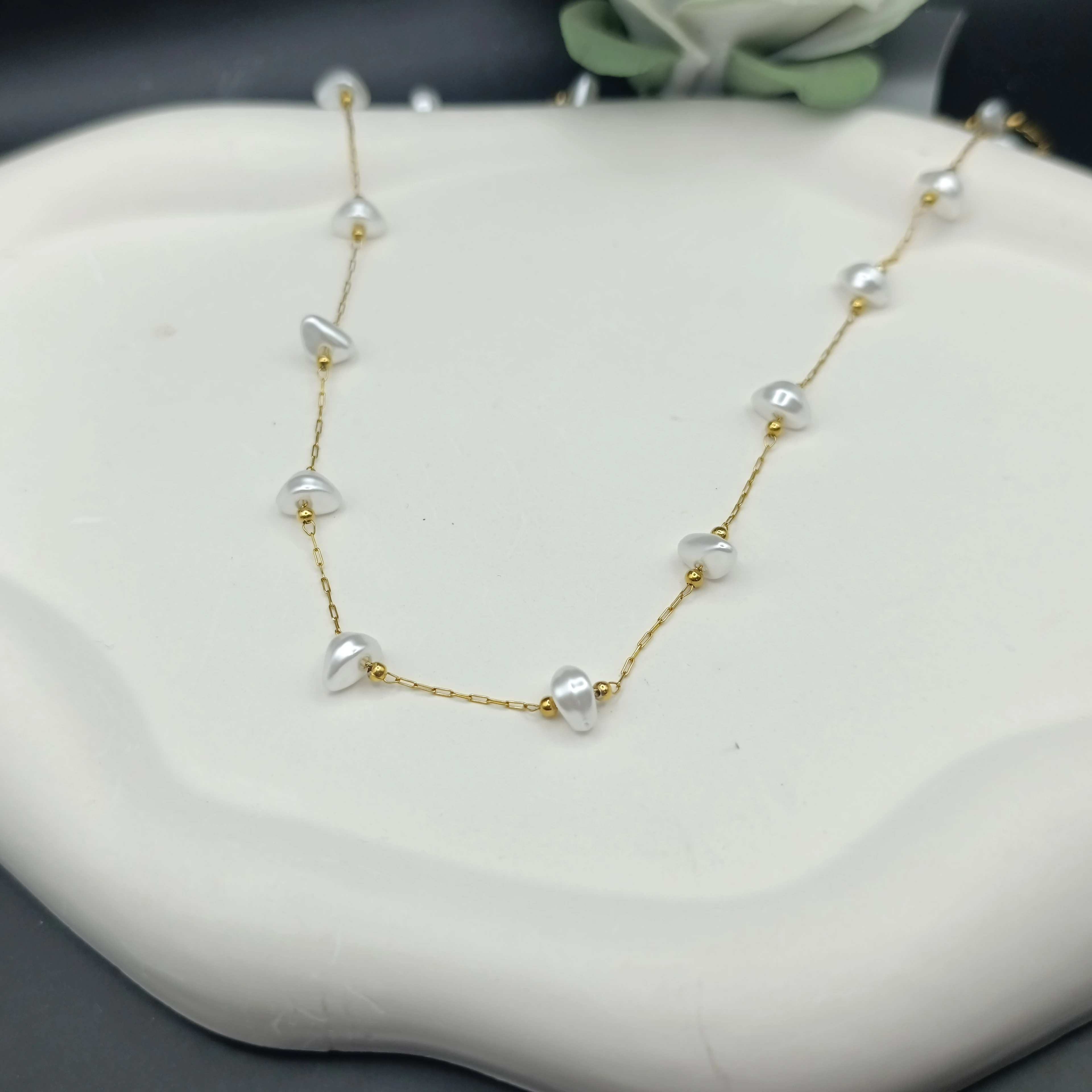 Çelik Kolye Sıralı Krem Renk Diş Model Detaylı İnce Zincir Gold Renk