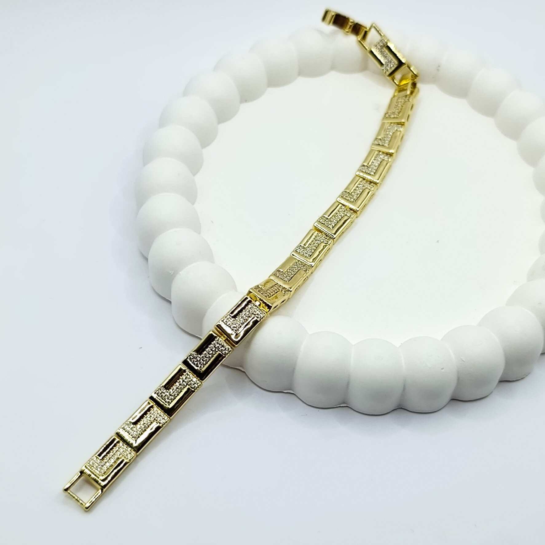 Xuping Bileklik Dikdörtgen Taneli Zincir Desenli Sıvama Zirkon Taşlı 14K Gold Renk