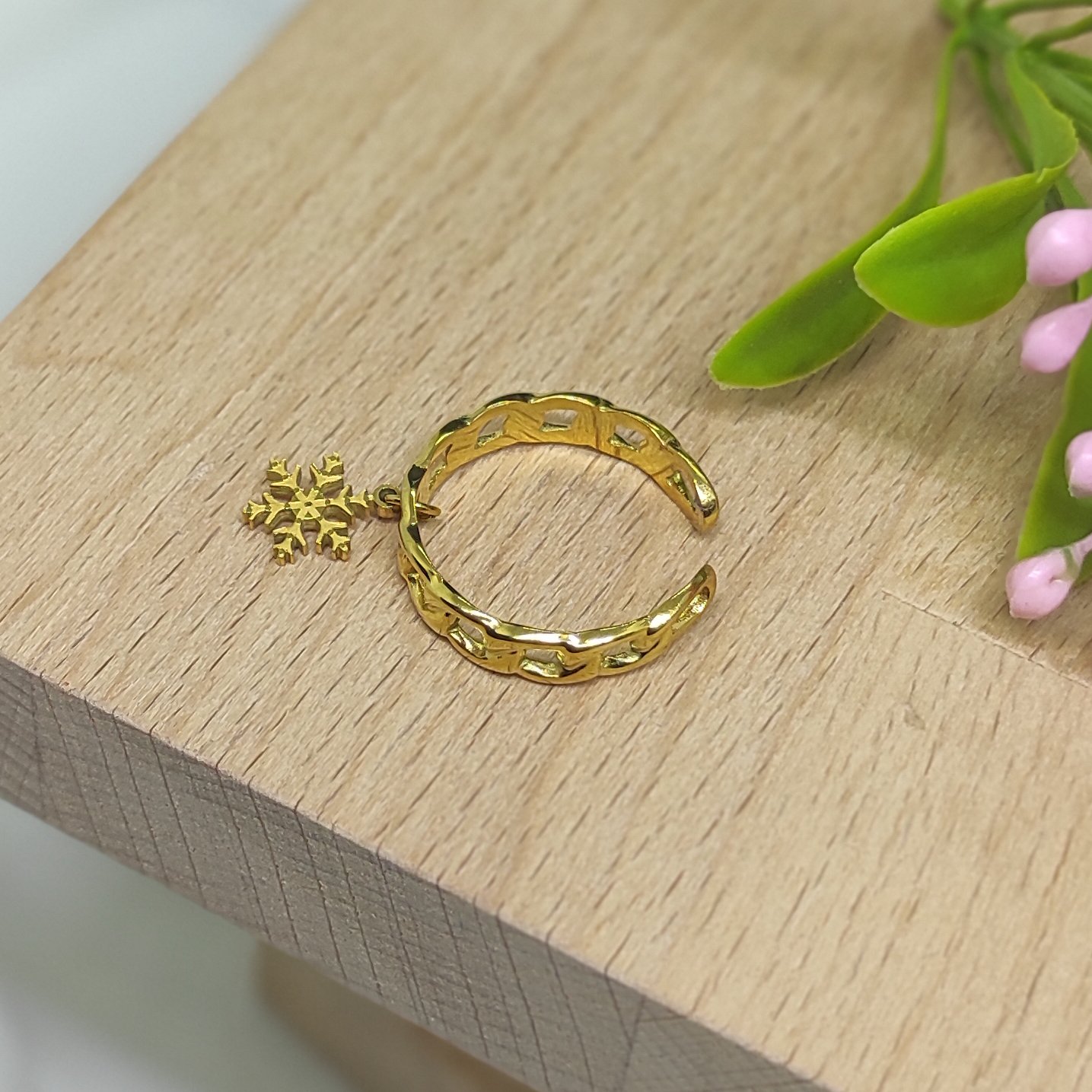 Çelik Yüzük Samanyolu Zincir Model Kar Tanesi Sallantılı Ayarlanabilir Gold Renk