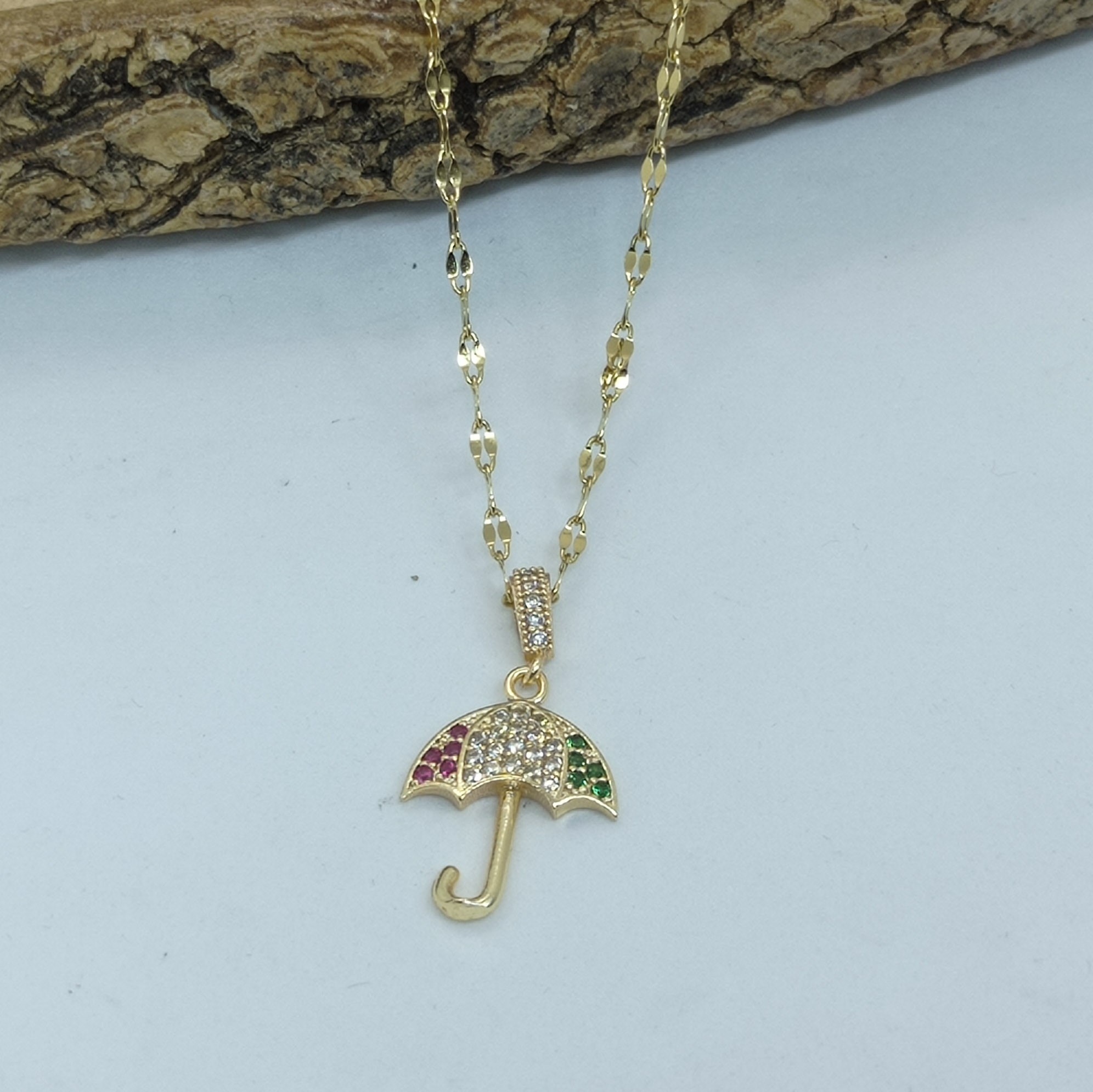 Çelik Renkli Zirkon Taşlı Şemsiye Model Kolye