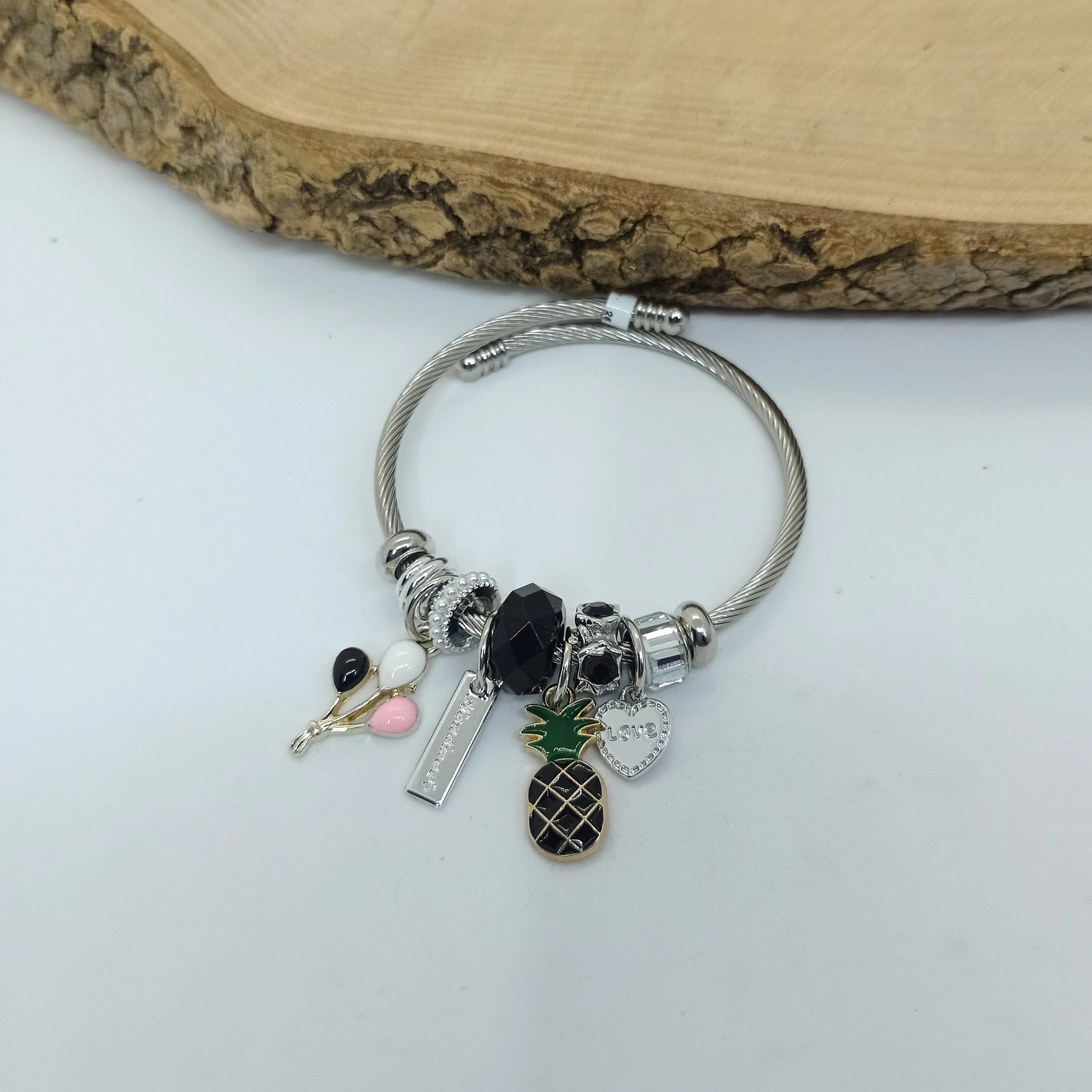 Çelik Gümüş Kordonlu Renkli Murano Boncuklu Çarmlı Şans Bilekliği  - Pembe Balon ve Ananas