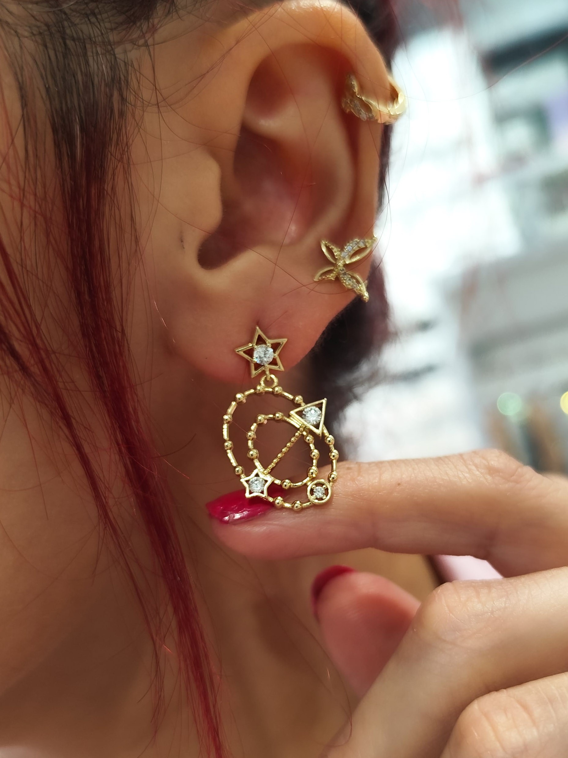 Xuping Küpe Şans Küpesi Zirkon Taşlı Yıldız Yuvarlak Üçgen Galaksi Yörüngesinde 14K Gold Renk