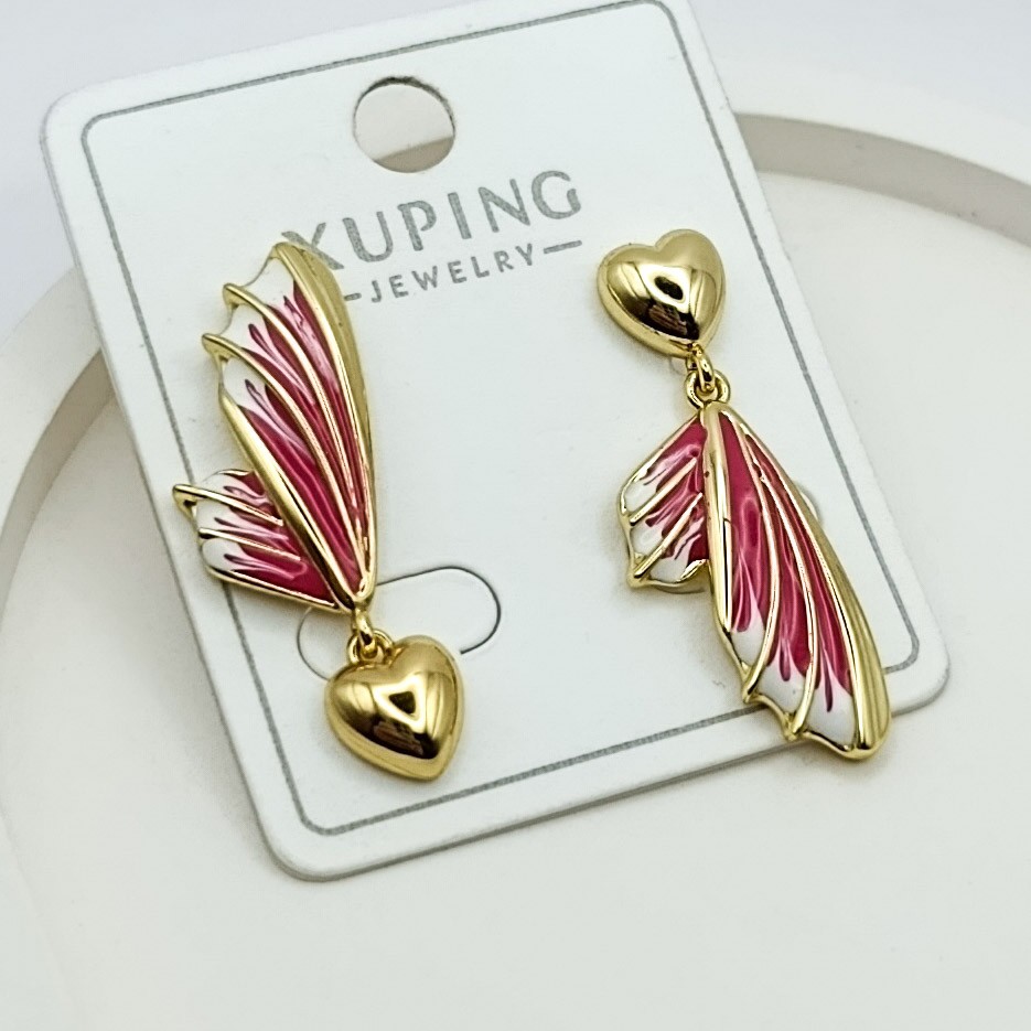 Xuping Küpe Asimetrik Aşk Model Asimetrik Kelebek Kanatları Kalp Fuşya Beyaz Renkler 14k Gold Renk
