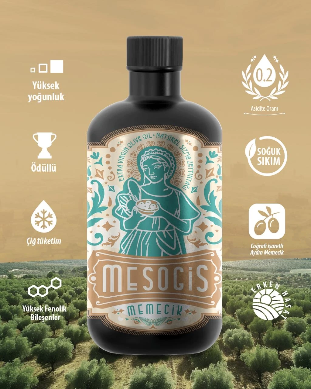 Mesogis Memecik – Uluslararası Ödüllü Erken Hasat Natürel Sızma Zeytinyağı | Soğuk Sıkım | Yüksek Polifenol | Premium Ege Zeytinyağı 500ml