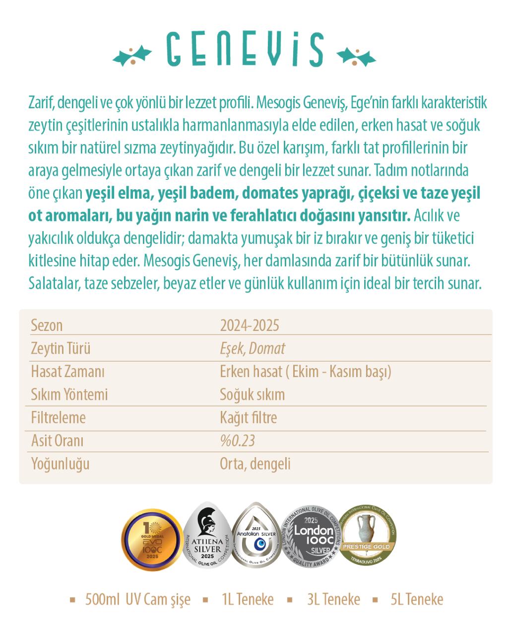 Mesogis Geneviş – Uluslararası Ödüllü Dengeli Natürel Sızma Zeytinyağı | Erken Hasat | Soğuk Sıkım | 500ml 2024-2025 sezonu