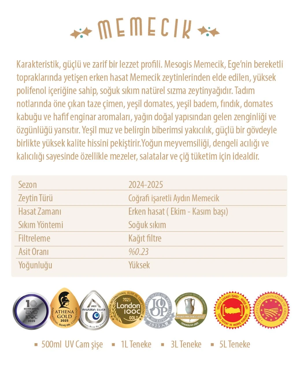 Mesogis Memecik – Uluslararası Ödüllü Erken Hasat Natürel Sızma Zeytinyağı | Soğuk Sıkım | Yüksek Polifenol | Premium Ege Zeytinyağı 500ml