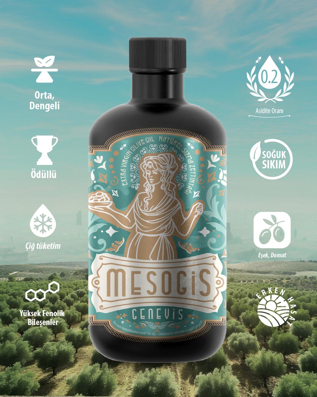 Mesogis Geneviş – Uluslararası Ödüllü Dengeli Natürel Sızma Zeytinyağı | Erken Hasat | Soğuk Sıkım | 500ml 2024-2025 sezonu