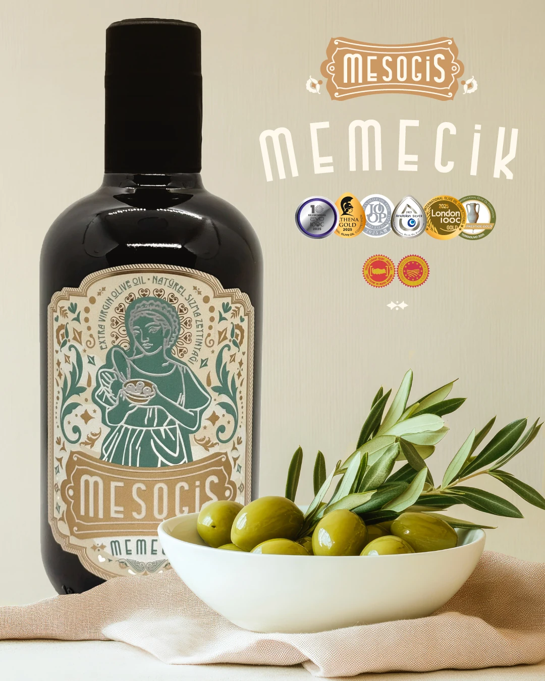 Mesogis Memecik – Uluslararası Ödüllü Erken Hasat Natürel Sızma Zeytinyağı | Soğuk Sıkım | Yüksek Polifenol | Premium Ege Zeytinyağı 500ml