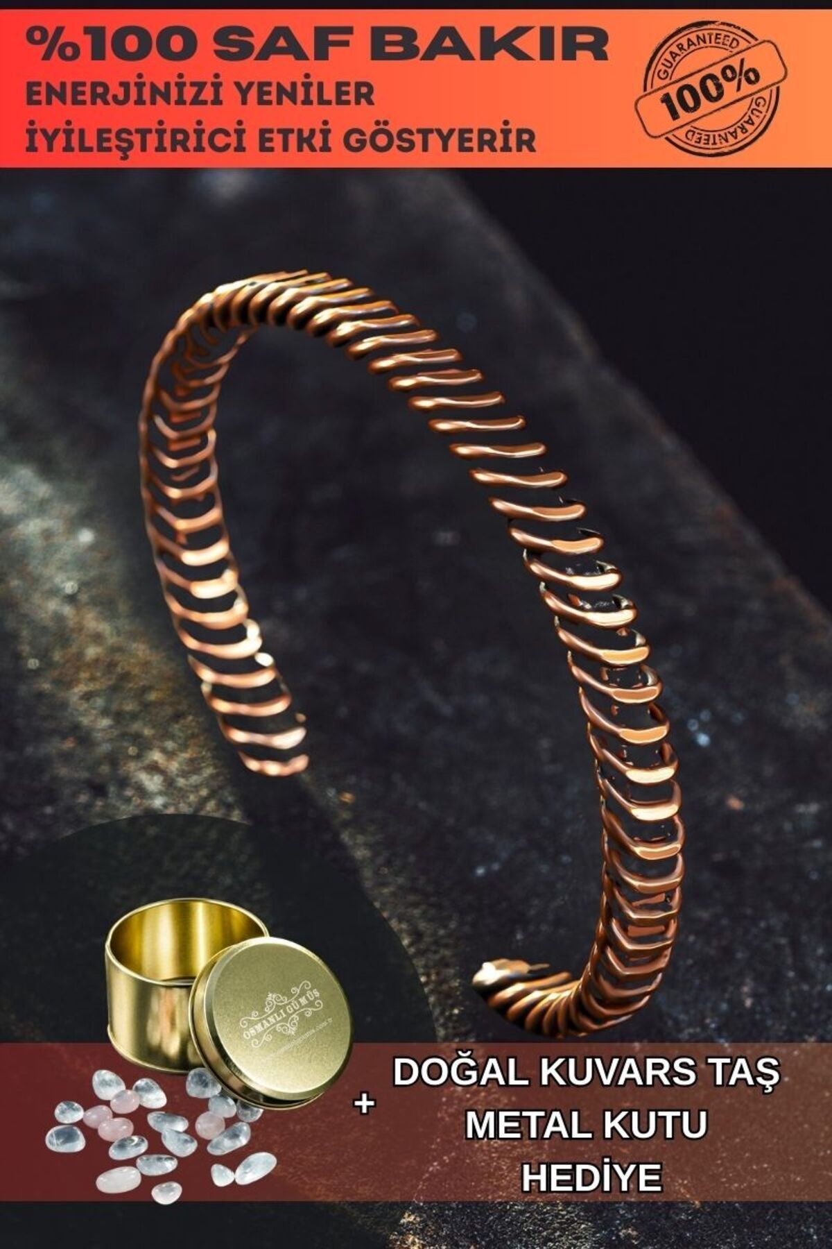 Saf Bakır Bileklik Burgu Örgü Sarım Model Metal Kutu Kuvars Taşlar Kadın Erkek Bilezik