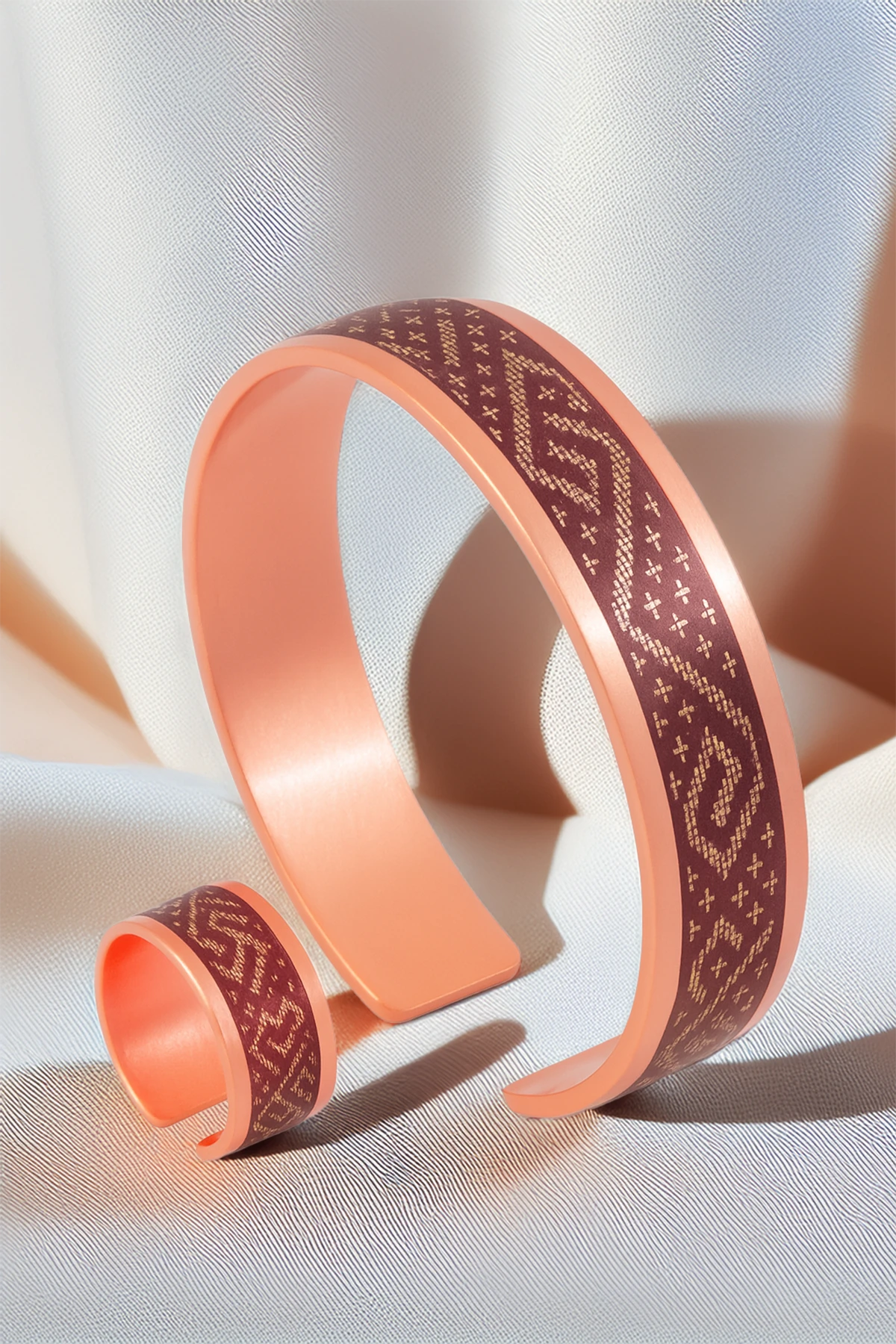 Kadın Bakır Bileklik Yüzük Set - Stella Model Özel Baskı Metal Kutu Ve Kuvars Taşı