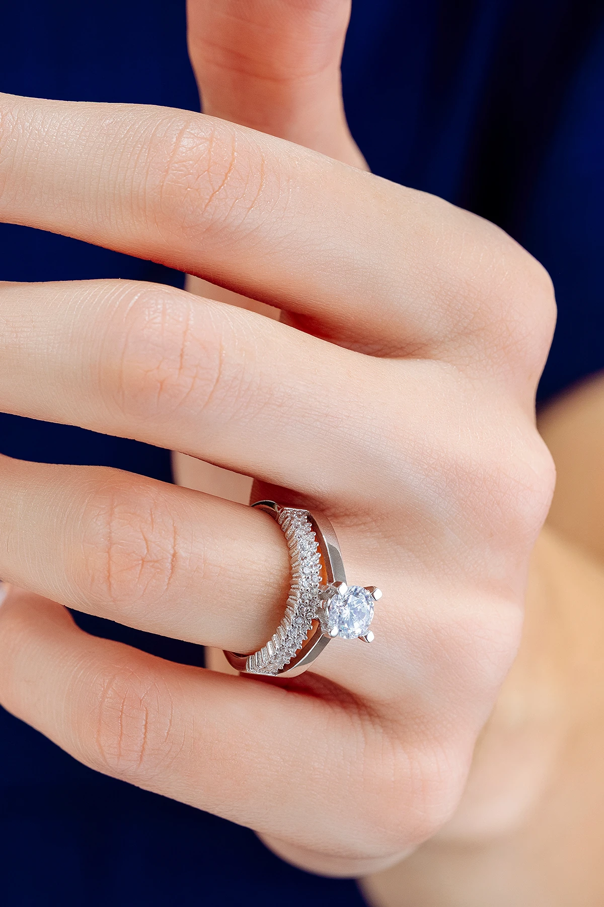 Kadın Gümüş Yüzük - İki Sıra Tektaş Zirkon Taşlı Kombin Kadın Gümüş Yüzük