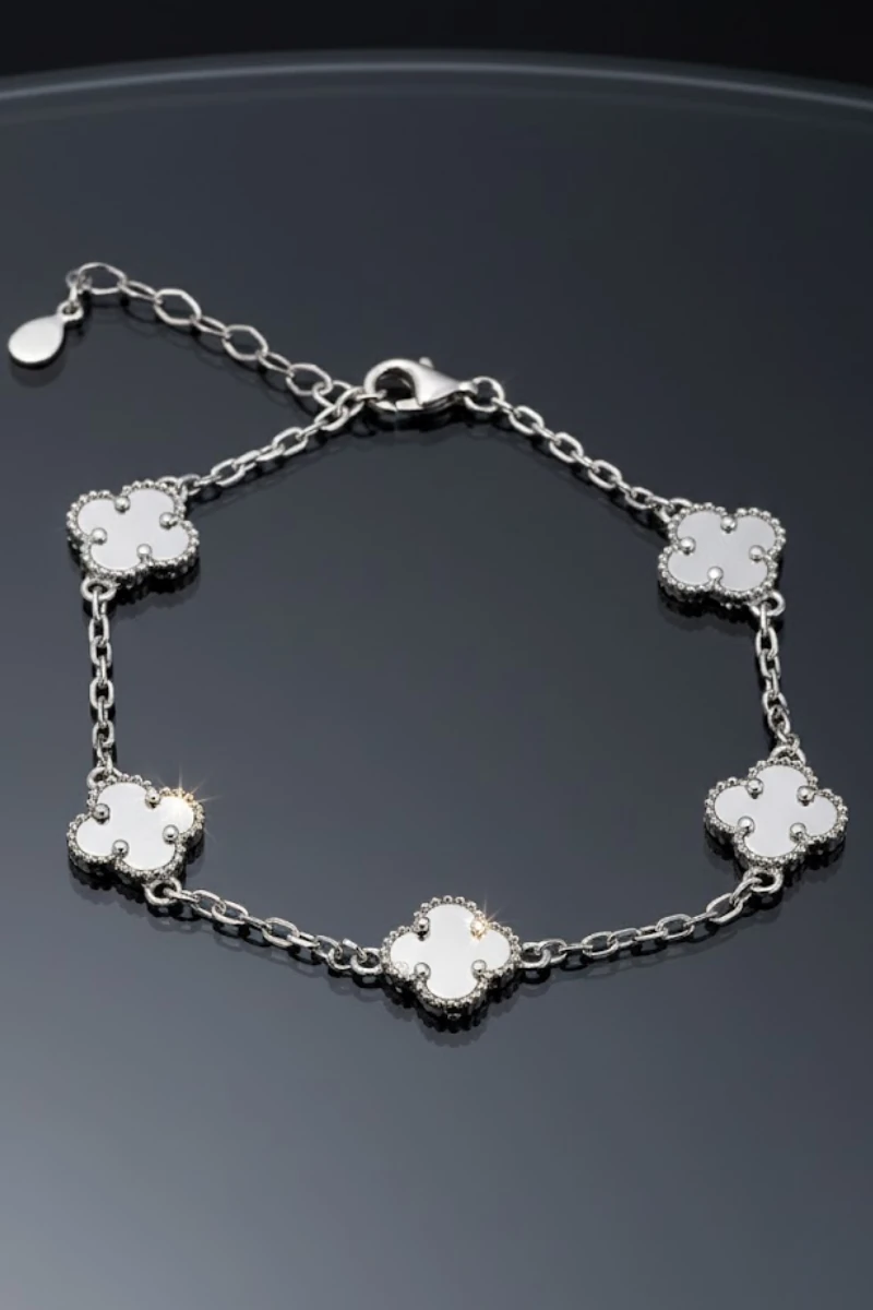 Erkek 925 Ayar Gümüş Beyaz Sedef Taşlı Yonca Model Zincir Bileklik