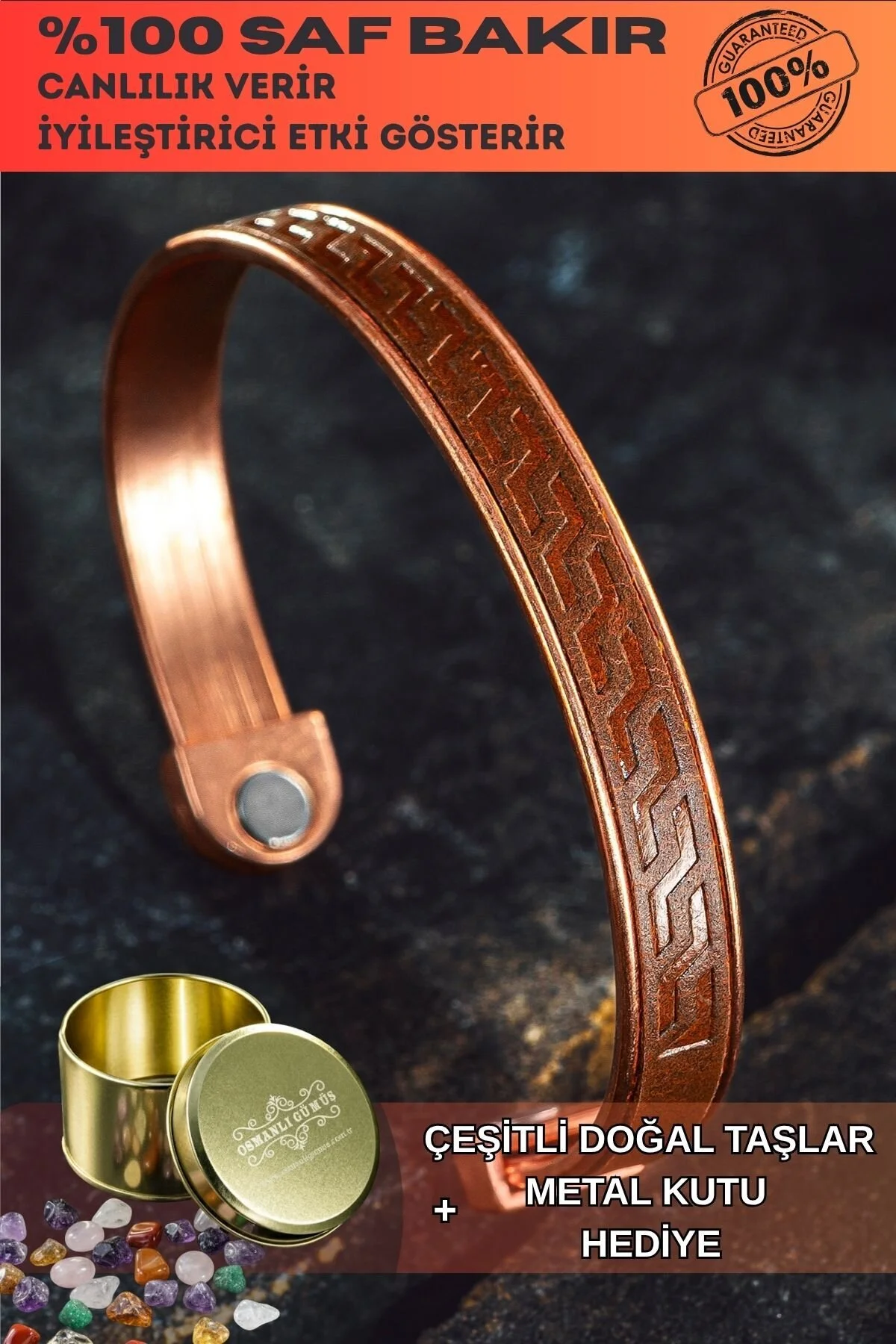 Erkek Kadın Bakır Bileklik - Hakiki Deri Omega Desenli Mıknatıslı Metal Kutu Doğal