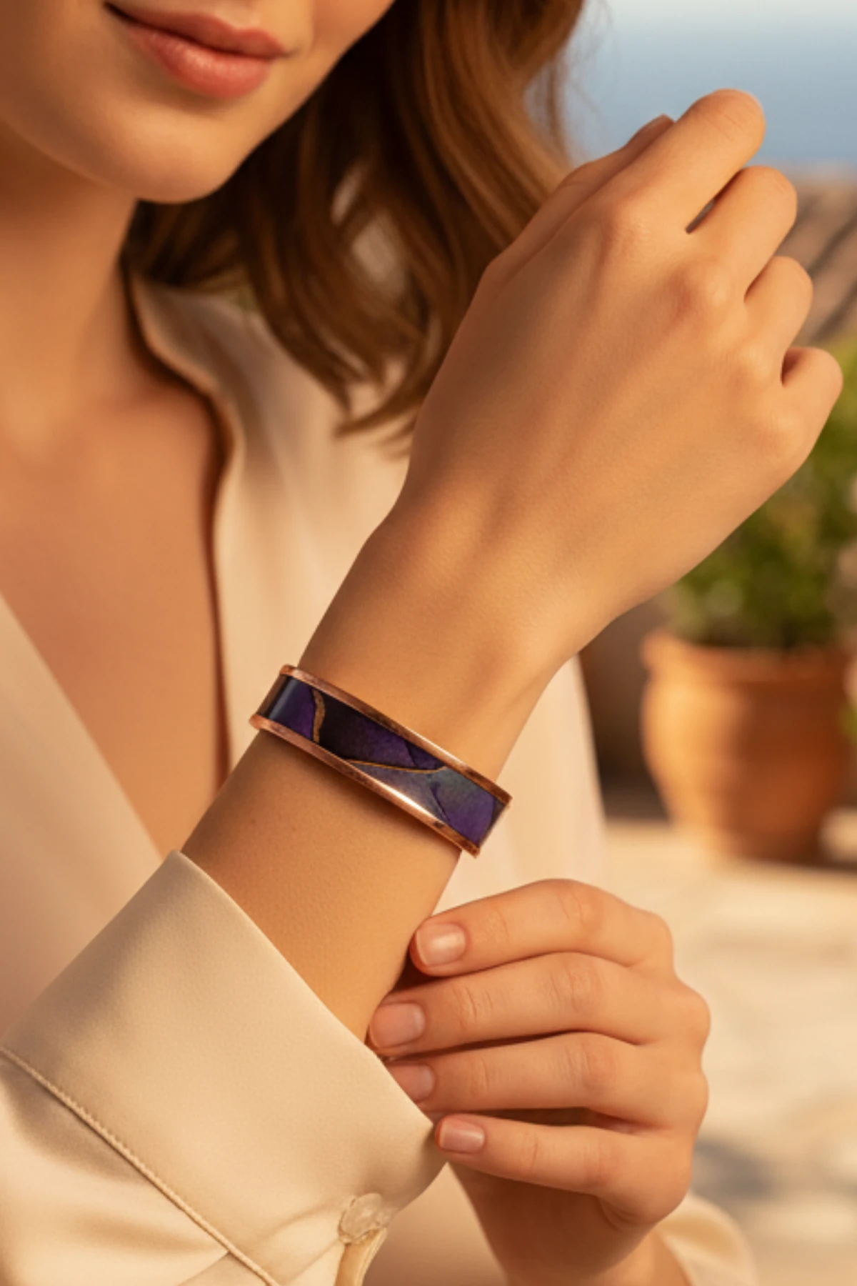 Kadın Bakır Bileklik Yüzük Set - Laura Model Özel Baskı Metal Kutu Ve Kuvars Taşı