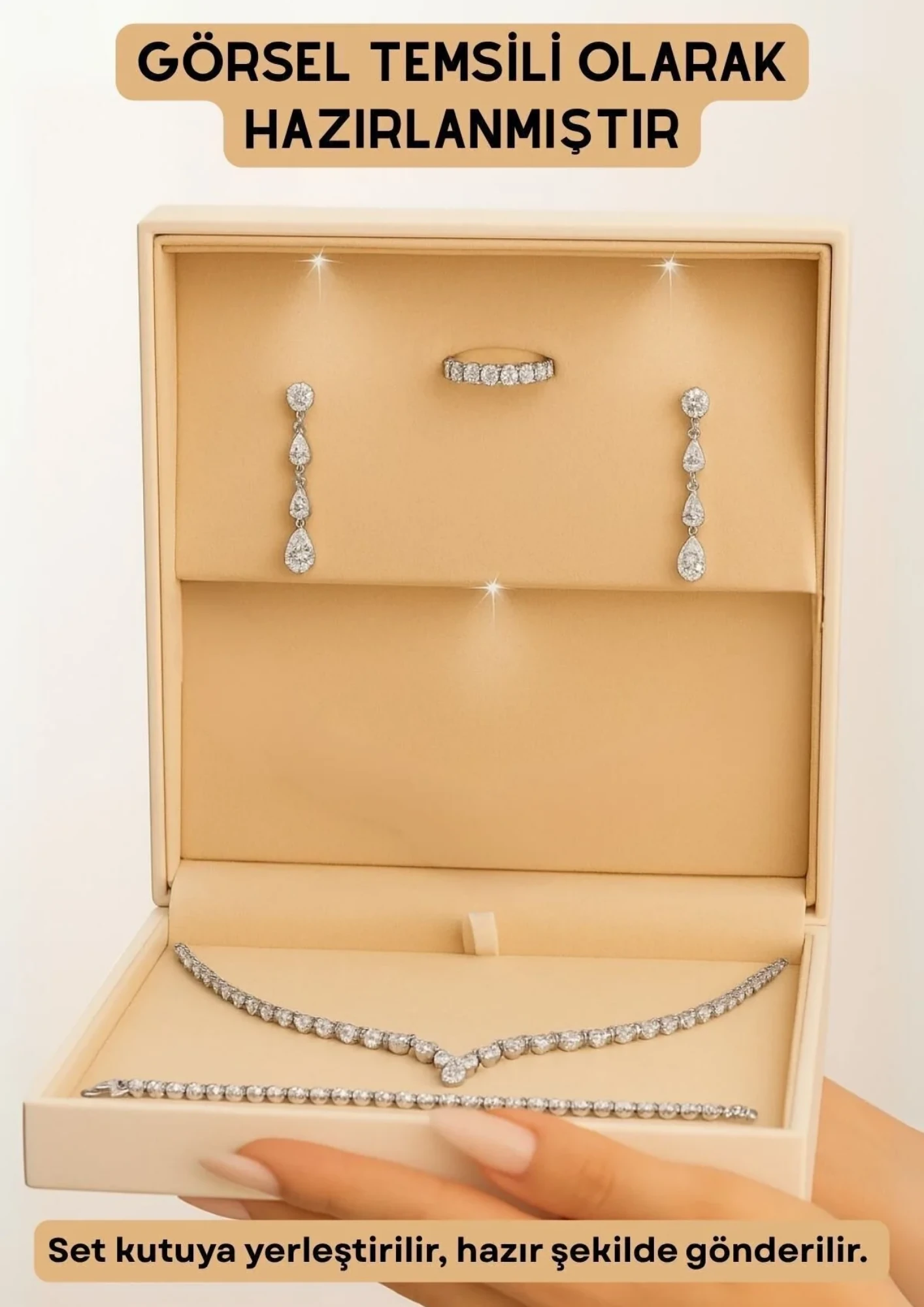 Dolunay Bayan Zirkon Taşlı Gümüş Su Yolu Set - Kolye, Bileklik, Küpe, Yüzük