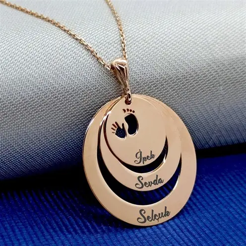 Personalized 3 Personalized Ayak İzi Women's Rose Color Silver Necklace