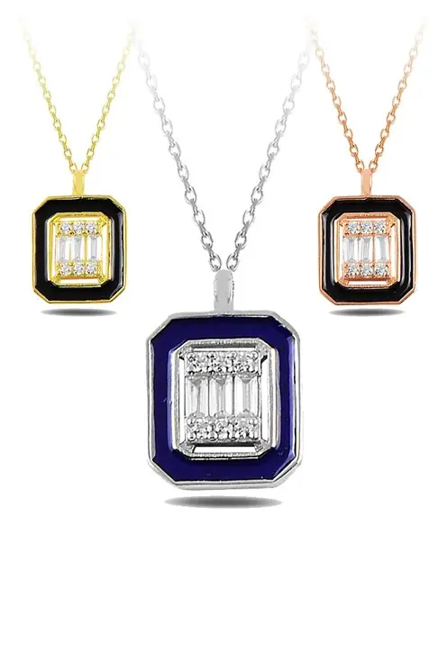 Square Baguette Stone-set 2 Women's Silver Necklace Chain GKLKRBGTM2D-ROS-Sarı