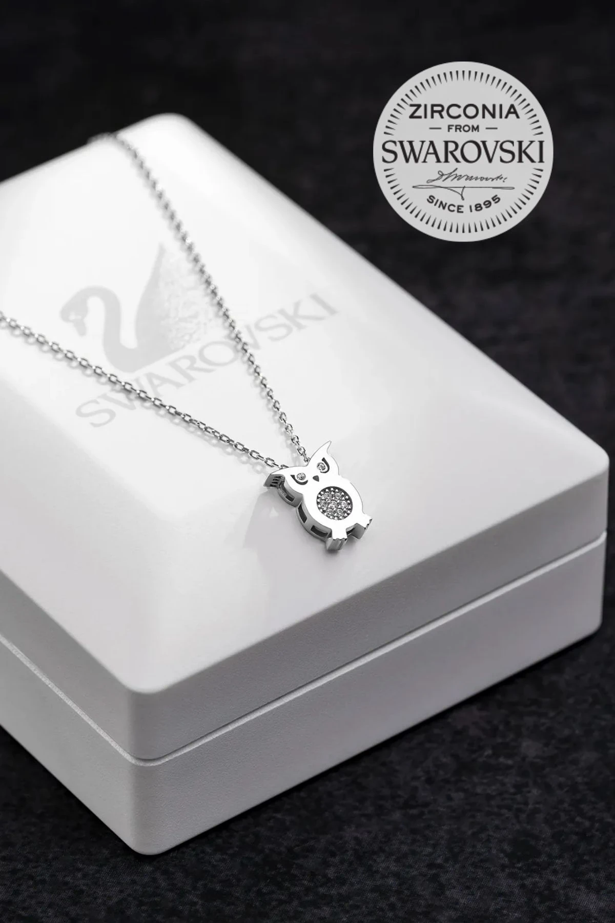 Kadın Gümüş Kolye - Swarovski Taşlı Zirconia Baykuş Motifli Kadın Kolye