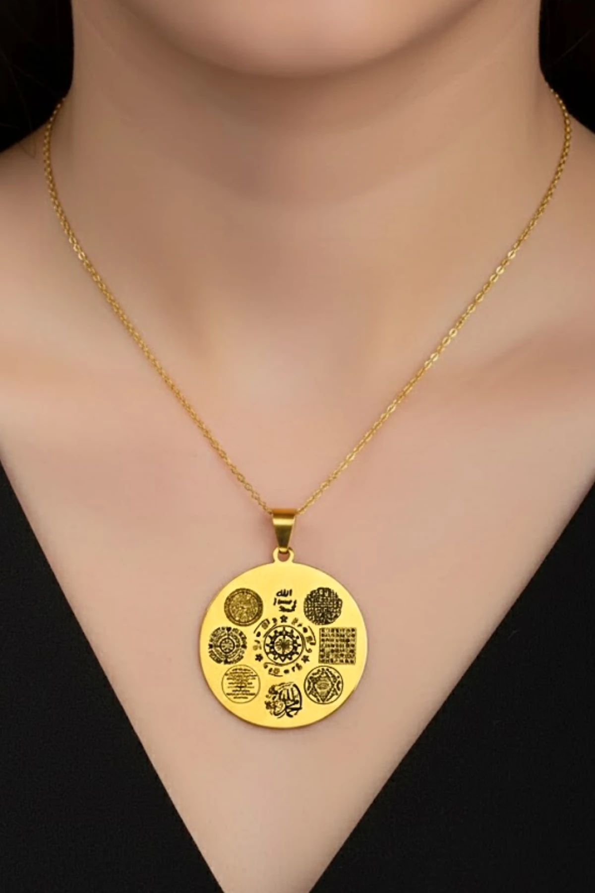 12 Dualı Altın Kaplama Çift Taraflı Koruyucu Zırh Kolyesi Celcelütiye , Nazar Duası , Rufai Gülü