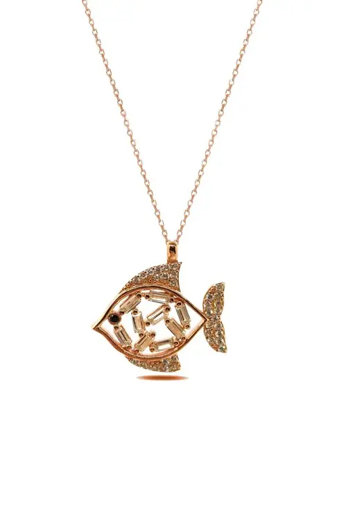 Rose Colored Stone-set Fish Silver Necklace Chain GKLBEYBALIK-GMS