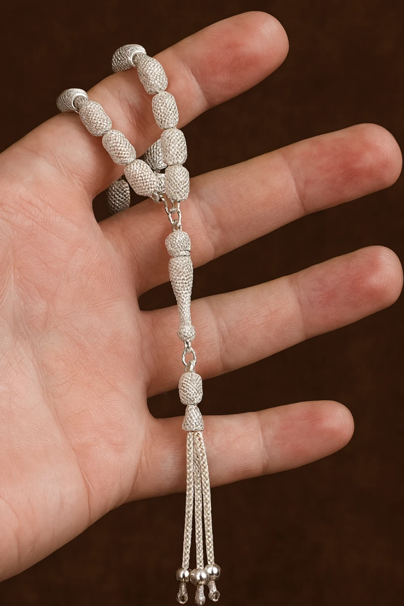 Erkek Gümüş Tespih - 925 Ayar Oksitli Model Delikli Kapsül Kesim Tesbih